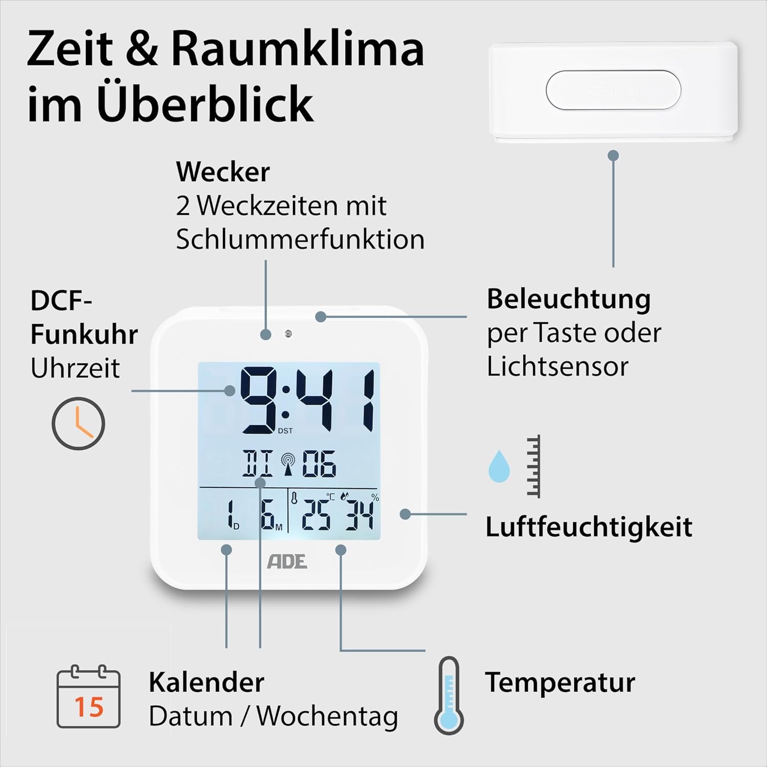 Spredaj view of the ADE CK2310 alarm clock with labels pointing to its features: time, DCF radio signal indicator, 2 alarm times with snooze, backlight, humidity, temperature, and calendar.