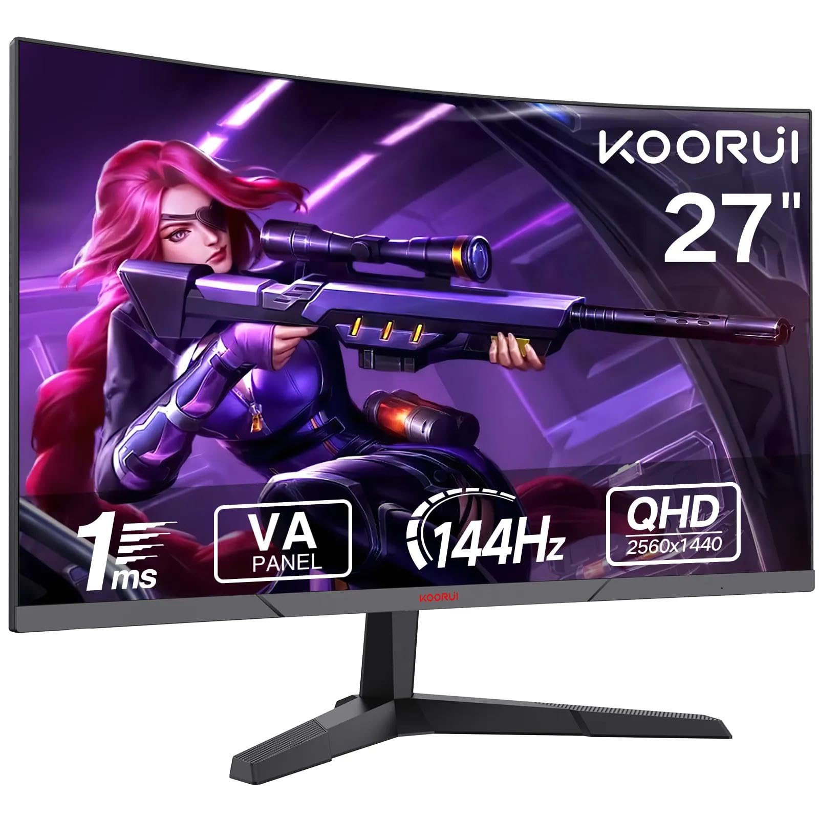 KOORUI 27 Inch QHD Gaming Curved Monitor 144 Hz, 1ms, DCI-P3 90