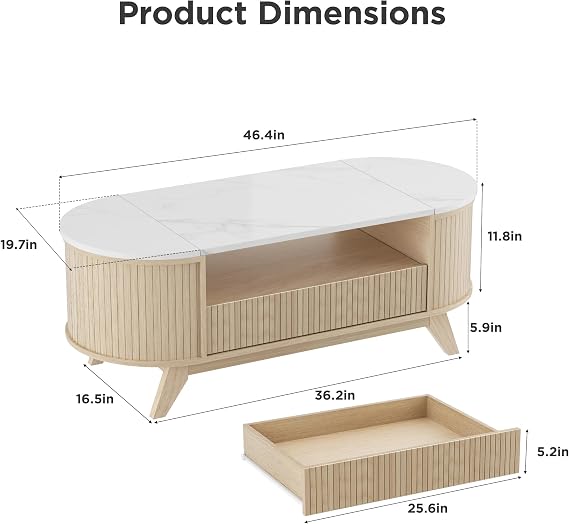 Fluted Oval Coffee Table with Storage, Mid Century Modern Center Table for Living Room, Coffee Table with Hidden Storage Space, Open Shelf & Drawer, Natural Wood