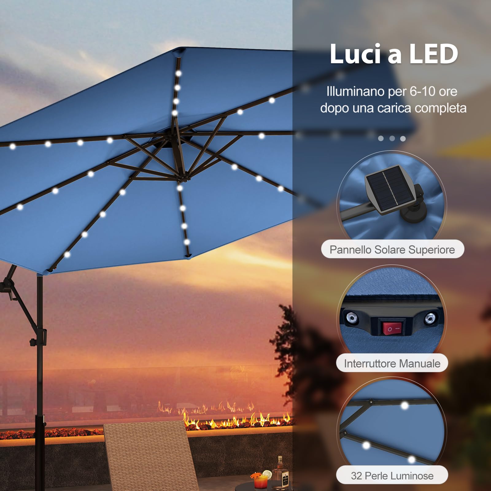 Ombrellone Da Giardino COSTWAY 300 Cm Con 32 Luci LED Solari - Rotazione 360°, Inclinabile, Per Piscina E Cortile