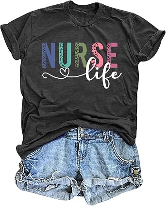 VVNTY Womens Nurse Life Graphic Tees Heart Nursing School T-Shirt Blue Medium