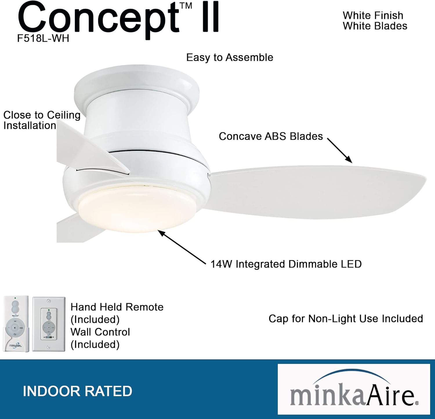 MINKA-AIRE F518L-WH, Concept II LED White Flush Mount 44" Ceiling Fan with Remote Control and Included Wall Control