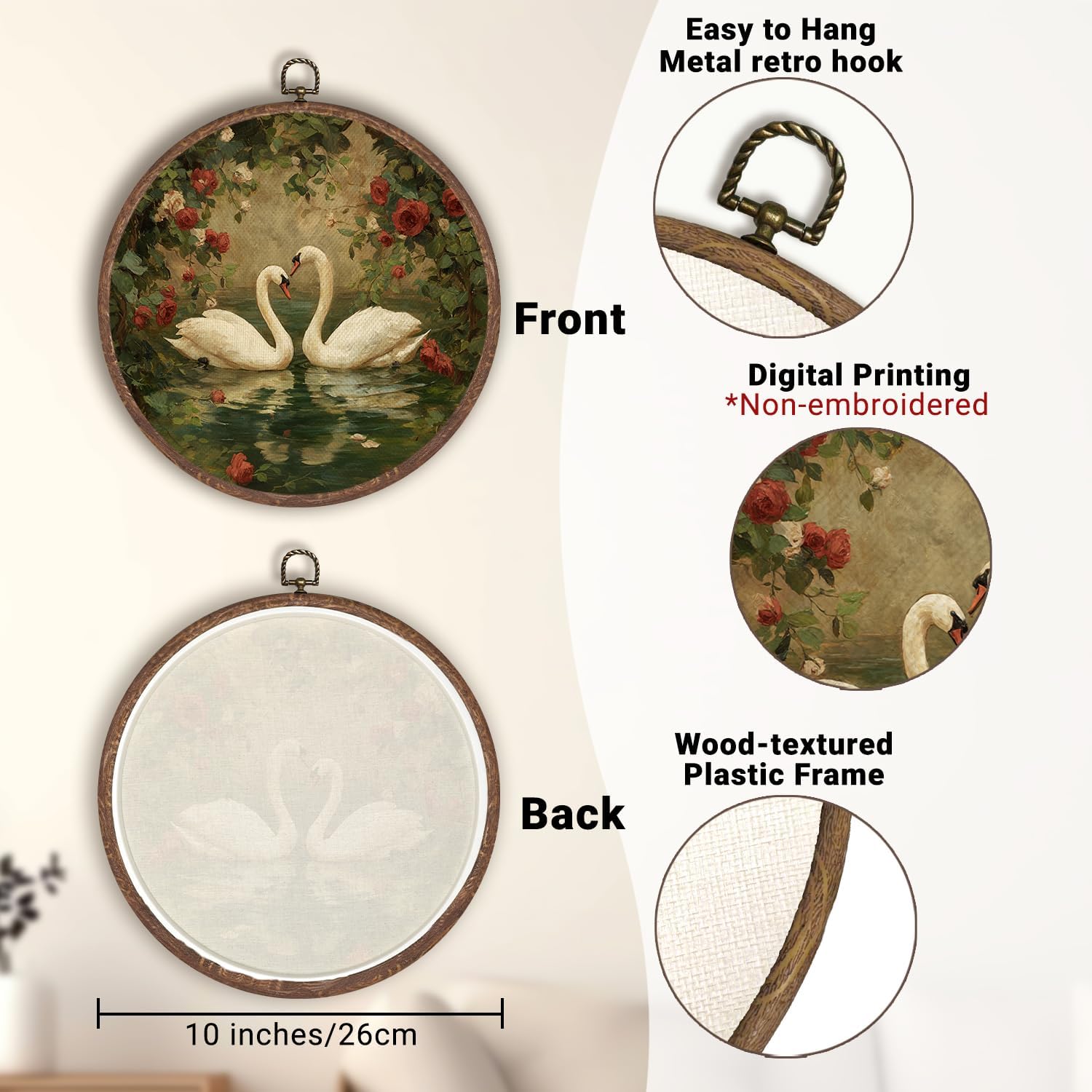 Vintage Swan Wall Art, Retro Animal Linen Matte Finish Print,Farmhouse Swans Round Frame Hanging Decor for Bedroom,Living Room,Valentine's Day and Mother's Day Gifts for Women 10''x10'' (White-Swan02) image 3