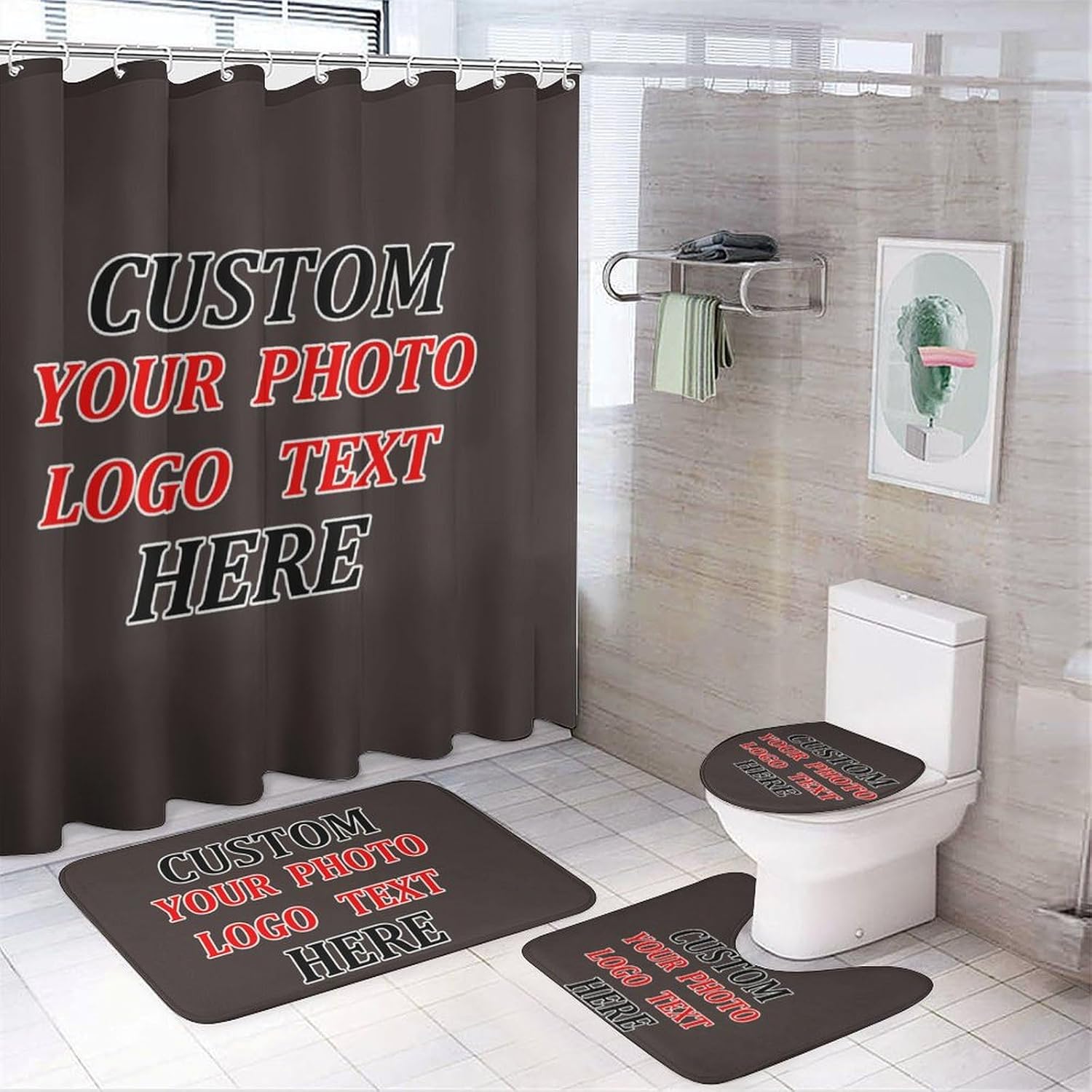 Personalized Bathroom 4 Piece Set, Add Your Photo Text Logo Bathroom Sets, Custom Shower Curtain Include 12 Hooks, 1 Bath Mat, 1 Contour Mat, 1 Toilet Lid Mat