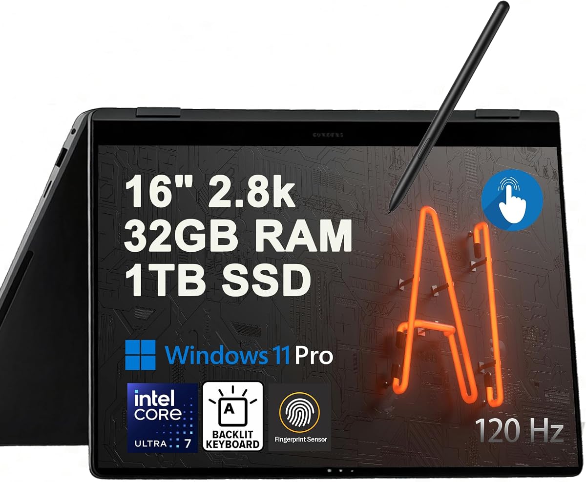 Samsung Galaxy Book5 Pro 360 Laptop 16" 2880x1800 Touch (120% DCI-P3, 120Hz) Intel 8-core Ultra 7 258V (Up to 47 AI Tops) 32GB RAM 1TB SSD Backlit for Creator Designer Business Professional Win11Pro