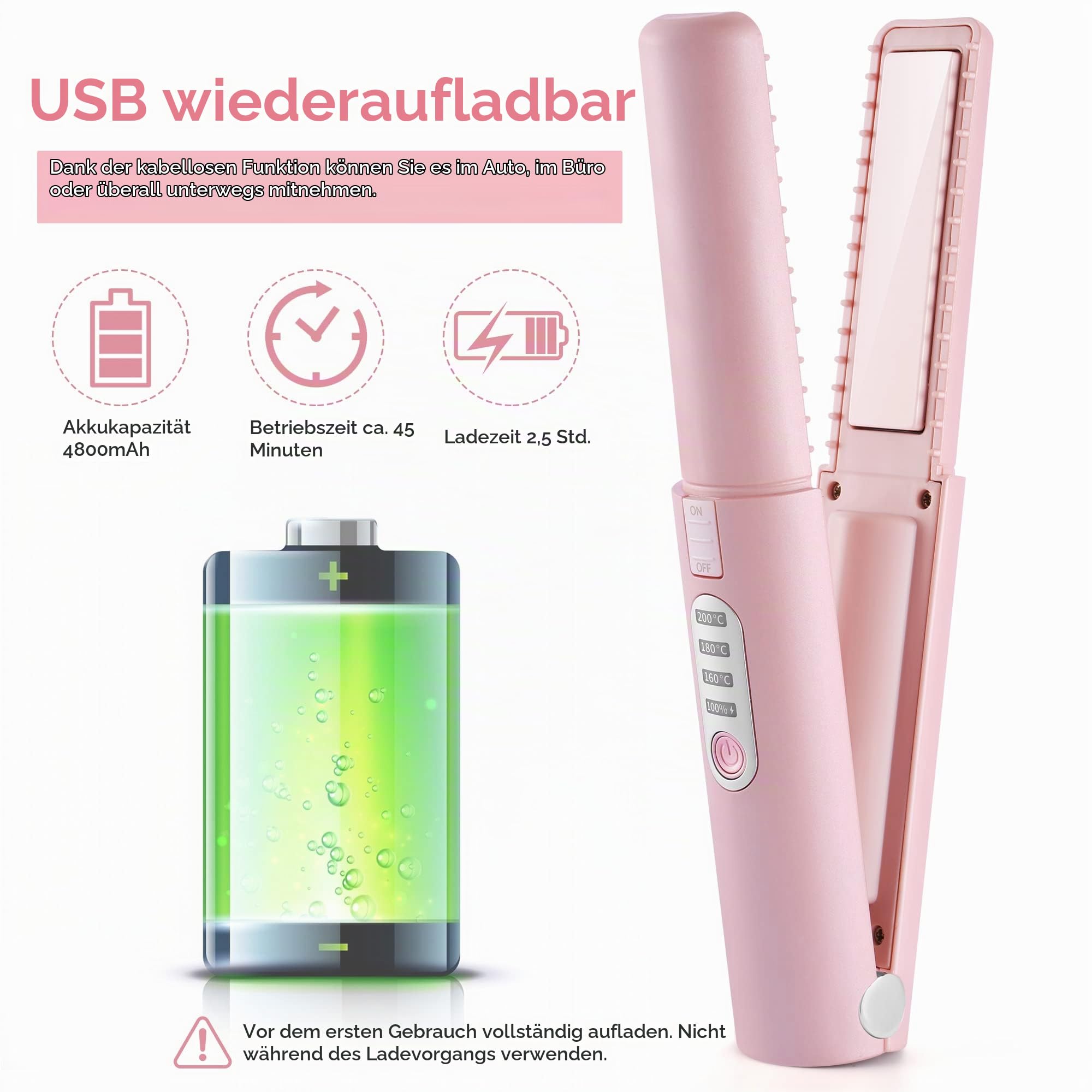 JMFONE Akku-Haarglätter und Lockenwickler, Mini-Reise-Glätteisen 2-in-1, wiederaufladbare kabellose tragbare USB-C-Glätteisen, 3 Temperaturstufen, 4800-mAh-Akku, Dual-Spannung