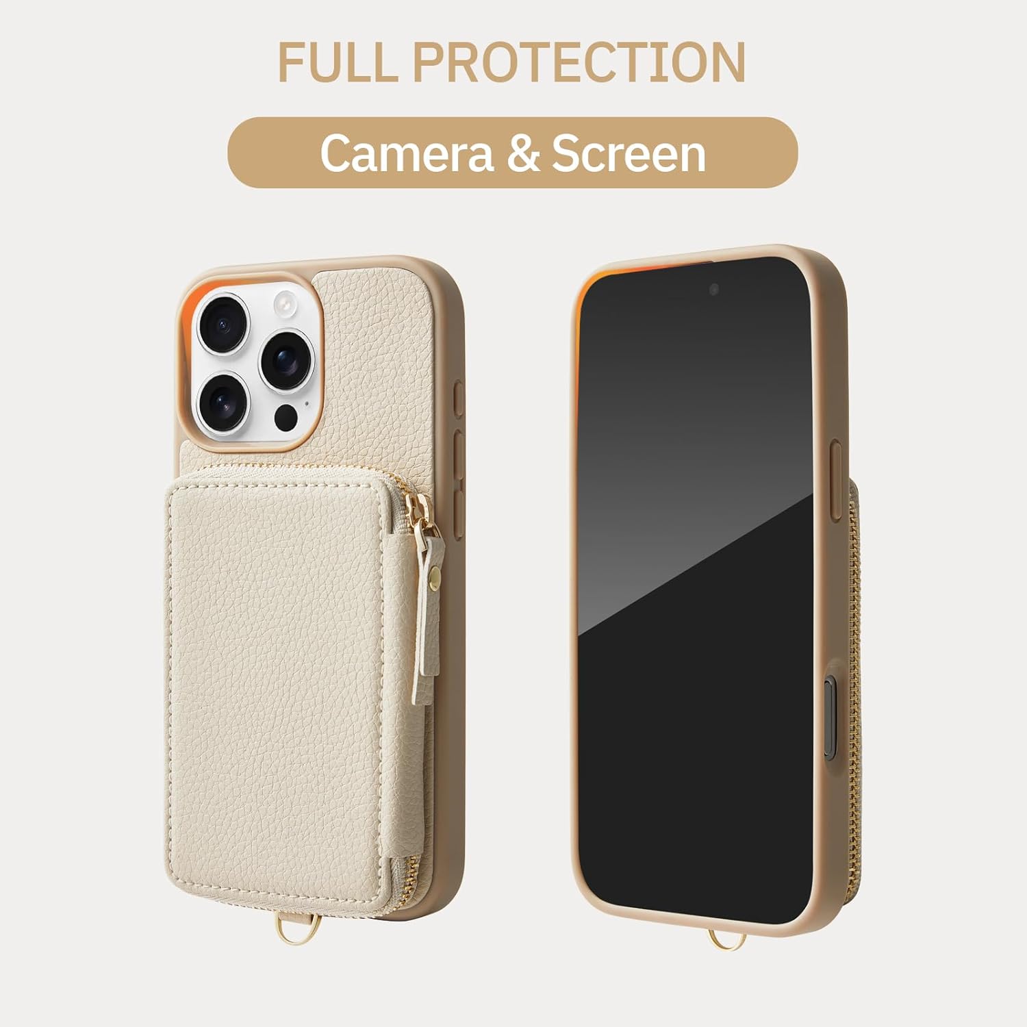 ZVE Compatible with iPhone 16 Pro Max Wallet Case, Zipper Leather Card Holder with RFID Blocking with Wrist Strap for Women for iPhone 16 Pro Max, 6.9"-Beige - Image 7