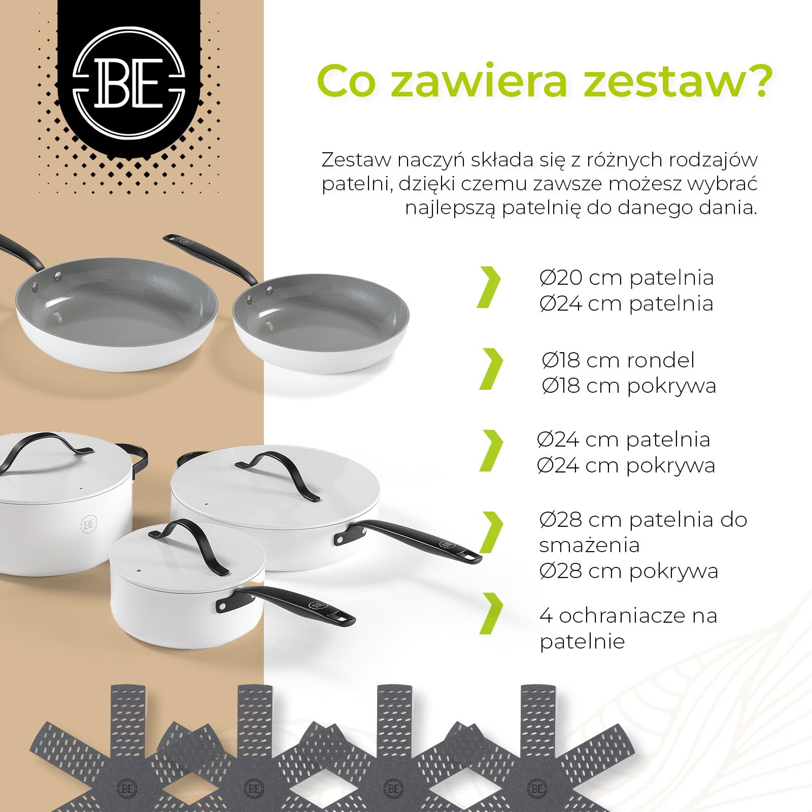 BE Living Essential 5-częściowy zestaw patelni, patelnia do smażenia, patelnia do smażenia, patelnia do sosa, przykrywka, ceramika, bez PFAS, indukcja, biały