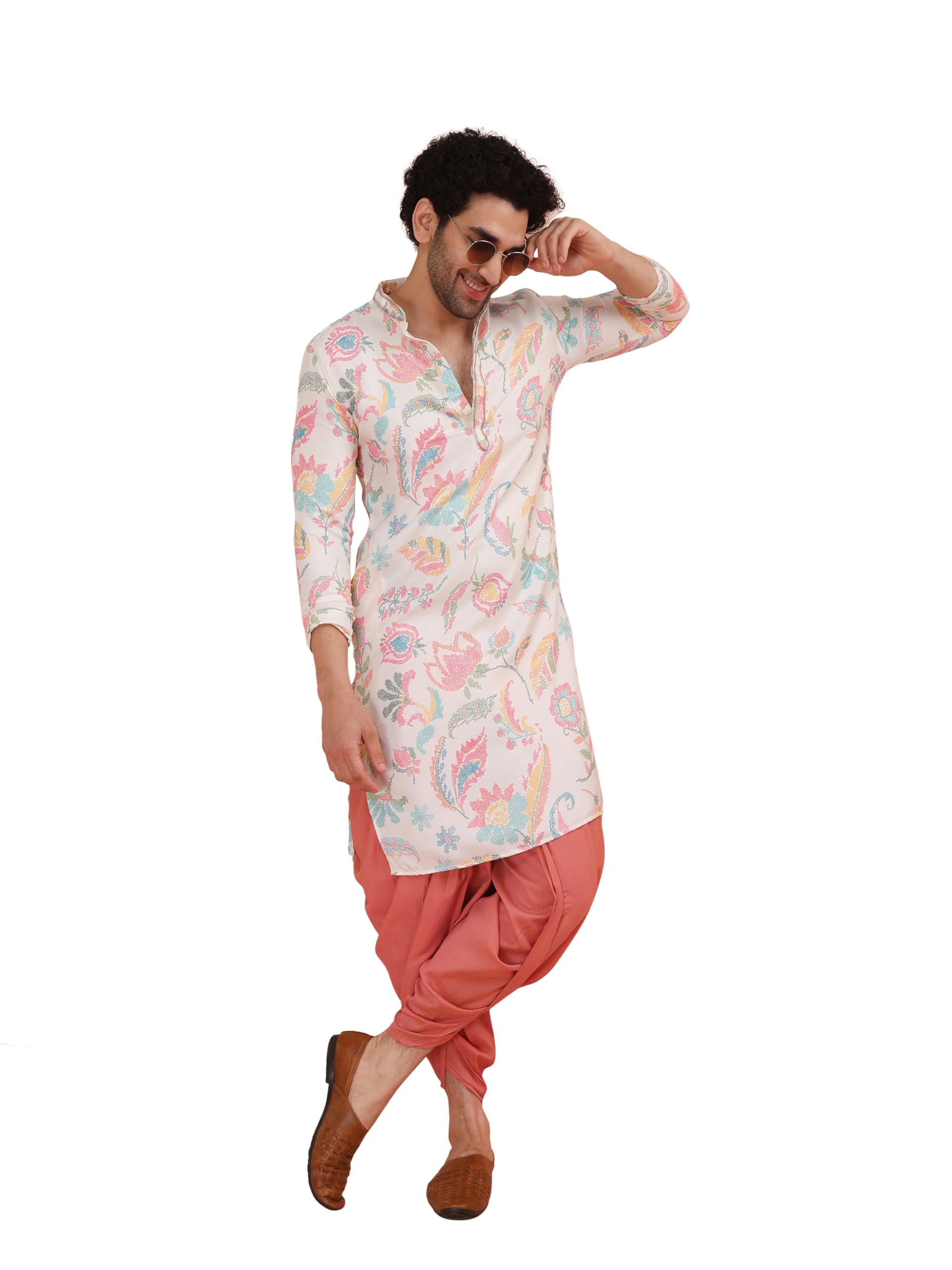 kisah Men's Kurta Dhoti Set, Multi Cotton Blend, Printed Regular Fit Mandarin Collar Long Sleeves-picture-37