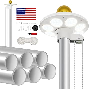 20FT Flag Pole Kit with Solar Light in Ground, Heavy Duty Sectional Extra Thick Aluminum Flagpole Kit with 136 Led Flag Light Solar Powered, Flag Included
