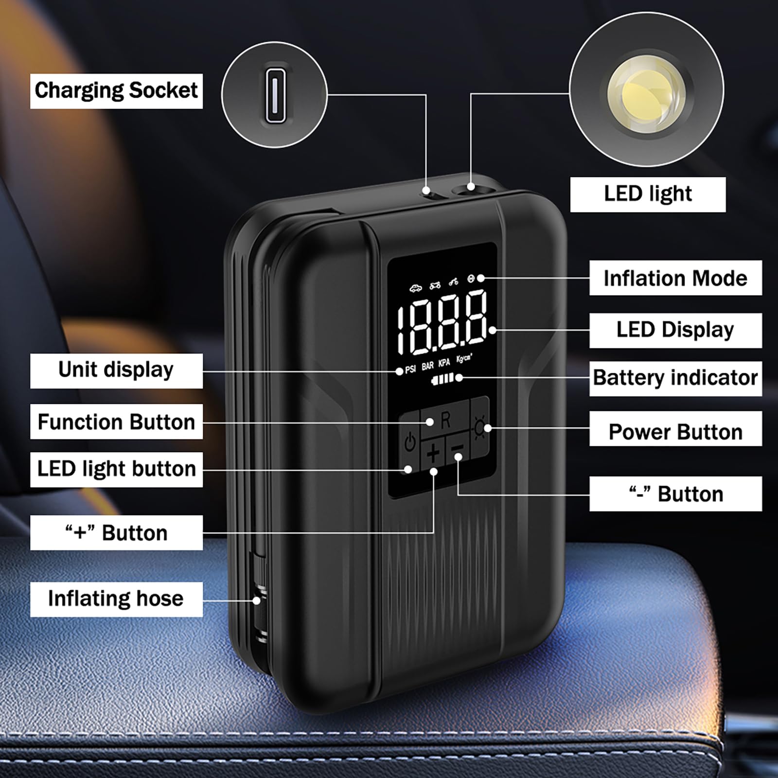 Tire Inflator Portable Air Compressor Portable Air Pump for Car Tires Inflator 150 PSI & 5000mAh Battery Tire Pump for Motorcycle/Bicycle Tires and Balls with Digital Pressure Gauge & LED Light