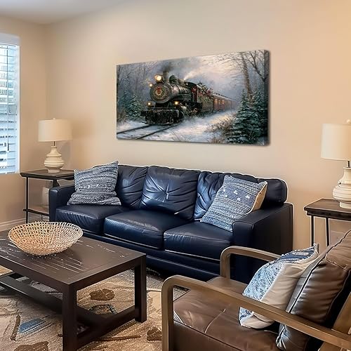 Miniatura 3 de 20"x 40" Canvas Wall Art Vintage Christmas Winter Snowy Forest Scene Train Framed Pictures Painting Prints Large Wall Art for Living Room Bedroom