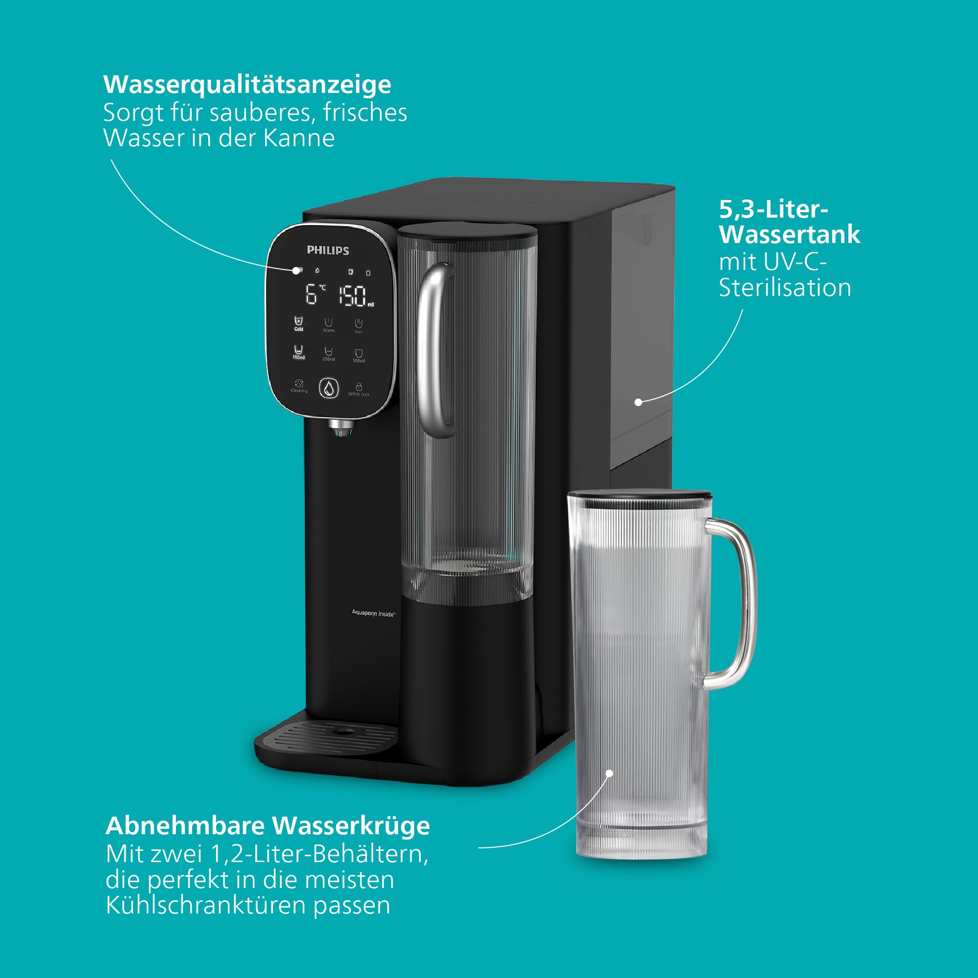 Philips 6500 Umkehrosmose-Wasserspender: gereinigtes heißes und gekühltes Wasser in Sekunden, 5-in-1-RO-Filter reduziert >110 Schadstoffe, 3:1 Rein-/Abwasser, UV-C-Schutz, Keine Installation, 2000 L