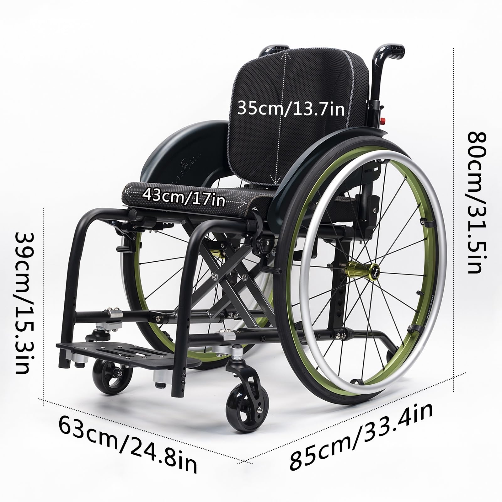 Silla de ruedas manual ligera, silla de ruedas deportiva ultraligera portátil todo terreno, silla de ruedas plegable, sillas de ruedas de transporte con antivuelco(Black B,43cm/17in)