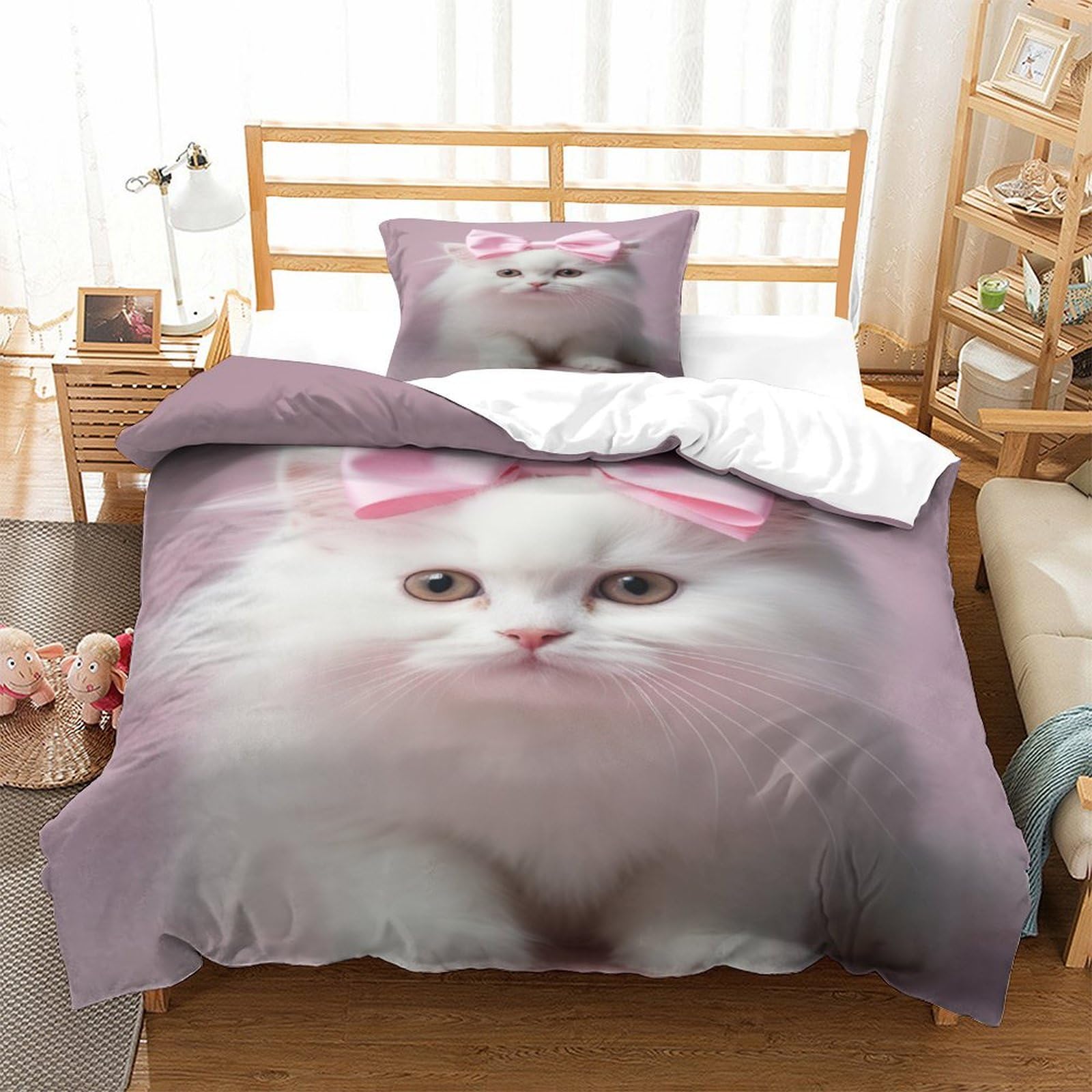 P1S9U7W5Y 3D Printed Cute Cat Pink Bow Duvet Cover Set 3 Pieces Microfiber Soft Breathable Bedroom Decor Cat Bedding Set for Teens Adults Single（135x200cm）
