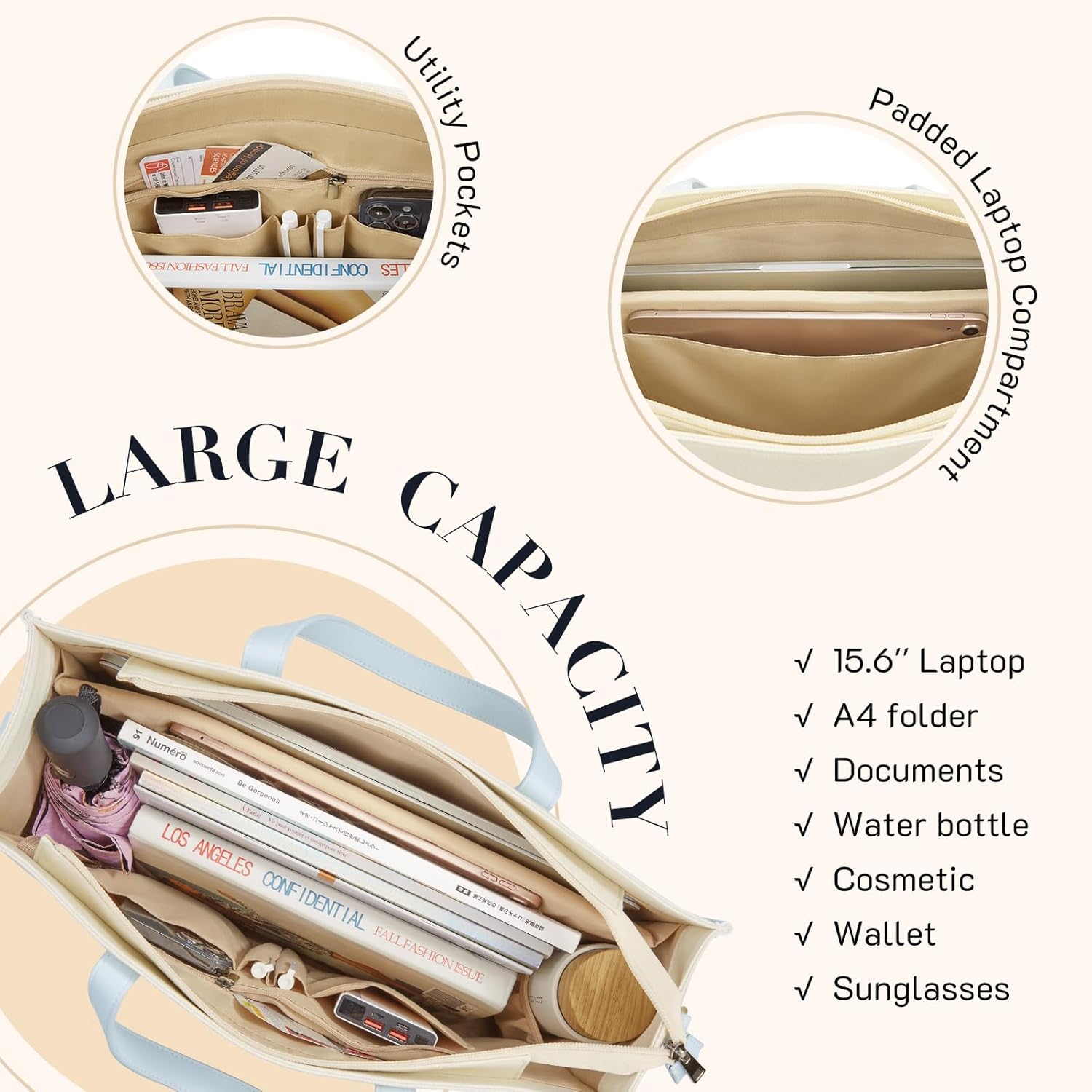 Missnine Laptop Tote Bag Canvas Laptop Bag 15.6 inch Work Shoulder Bags Casual Briefcase Handbag for Travel, Office, College (Light Blue) - Image 3