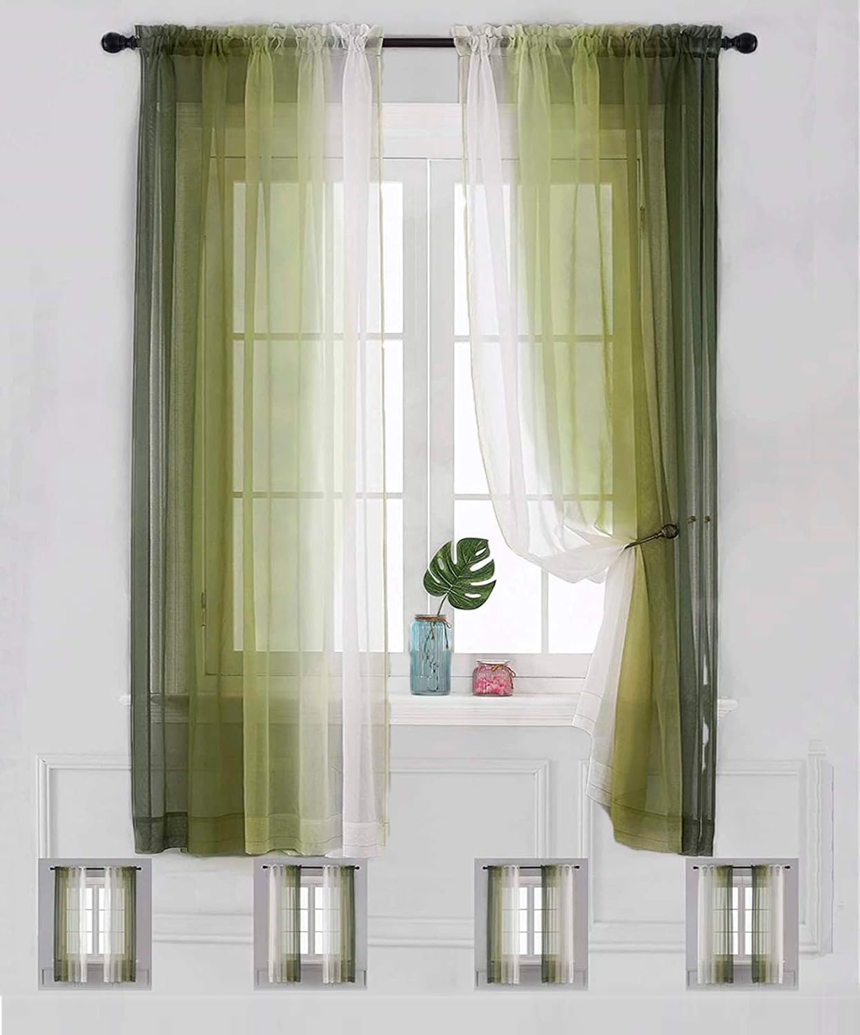 Yancorp Sheer Curtain Ombre Drapes 2 Panels 63 inch Long Voile Rod Pocket Bedroom Living Room 72 84 96 inches Long (Green, 52"x63")