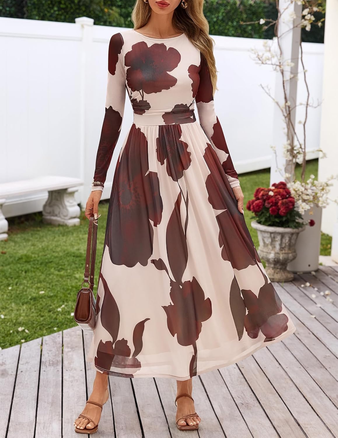 MEROKEETY Women's Long Sleeve Spring Wedding Guest Dress 2026 Crewneck Floral Flowy Mesh Cocktail Maxi Dresses - Image 5