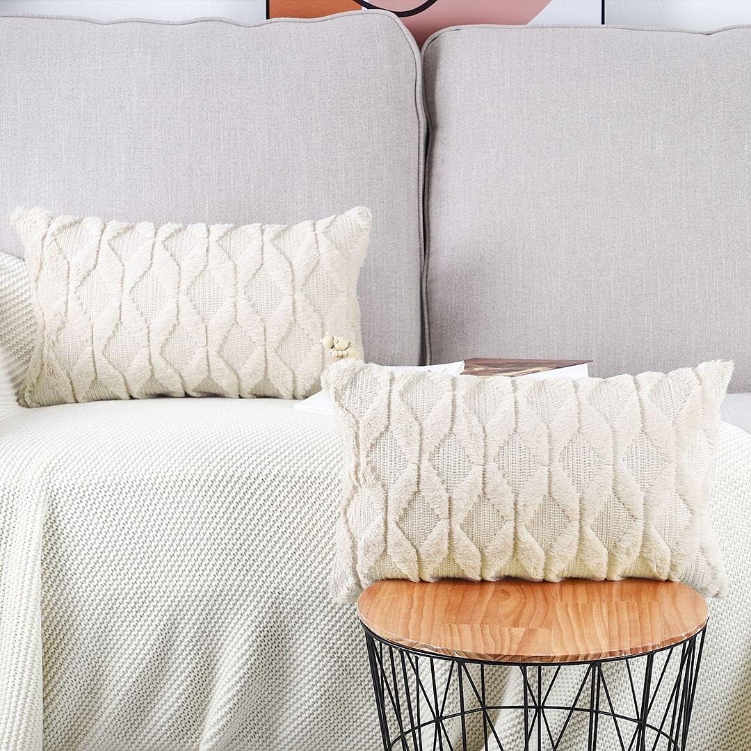 MADIZZ Set of 2 Soft Polyester Short Wool Velvet Decorative Throw Pillow Covers 12x20 inch Beige Rectangular Luxury Style Cushion Cases Pillow Shell for Sofa Bedroom image 5