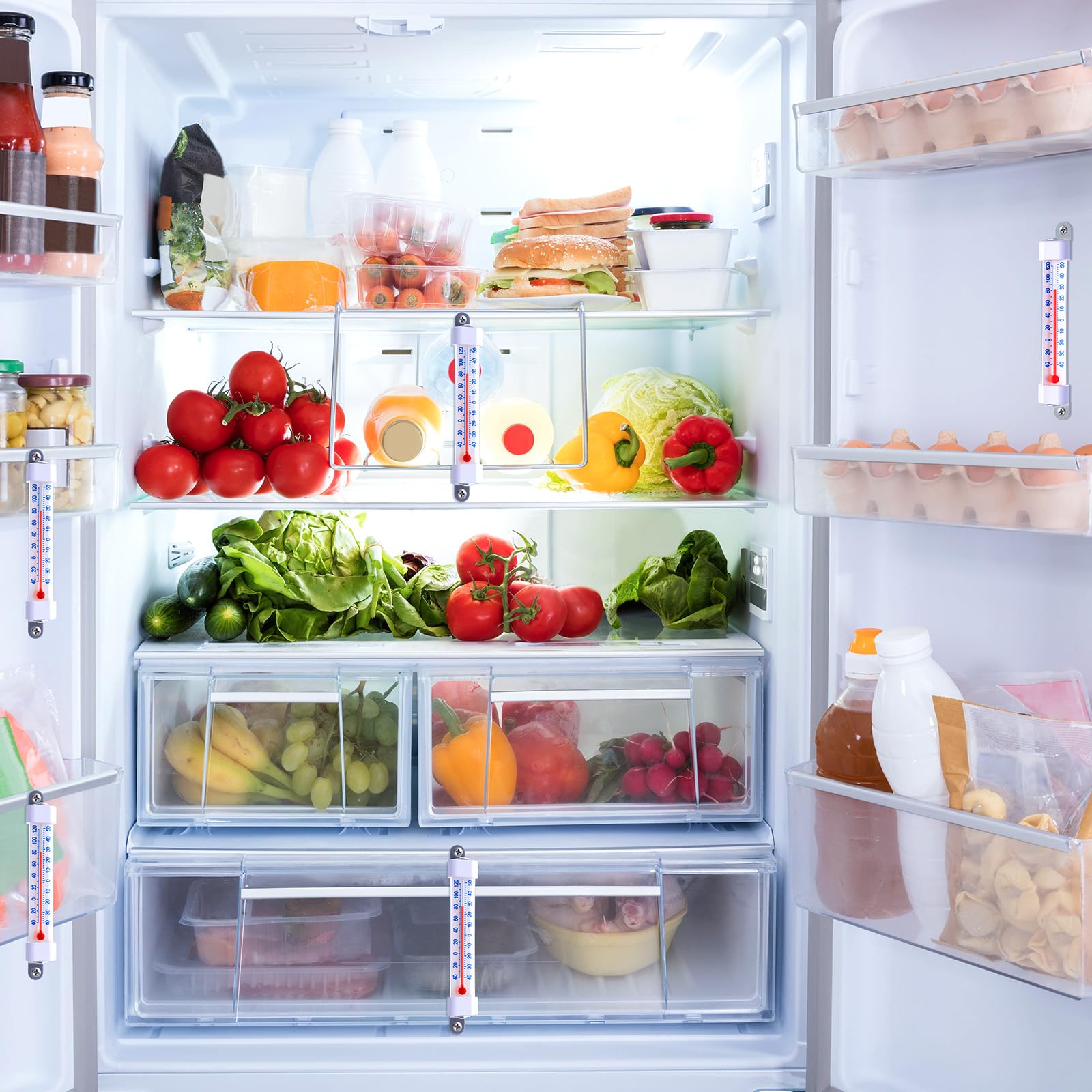 Sabary Paquete de 20 termómetros para frigorífico y congelador, termómetro analógico de tira larga para colgar con Fahrenheit Celsius para refrigerador, cocina, hogar, restaurante