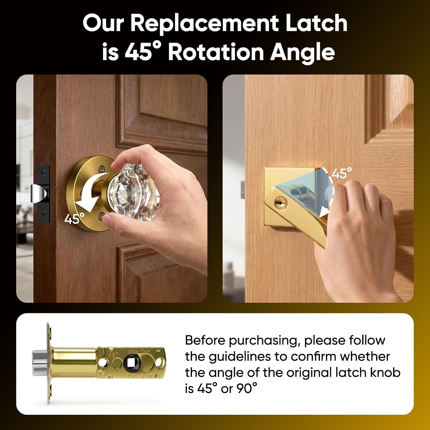Adjustable Deadlatch 2-3/8'' or 2-3/4'', 45° Turning Angle Door Latch Replacement and Strike, Door Lock Replacement Parts for Door Handles/Knobs/Levers Latch