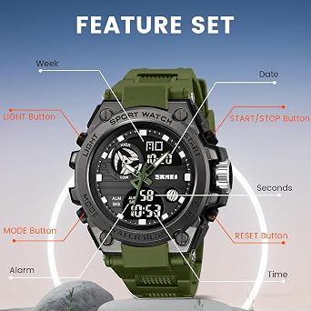 Skmei メンズデジタルスポーツウォッチ、ミリタリー防水ウォッチ、ledスクリーンラージフェイスストップウォッチ、アラーム腕時計。, アーミーグリーン-1, ミリタリー。