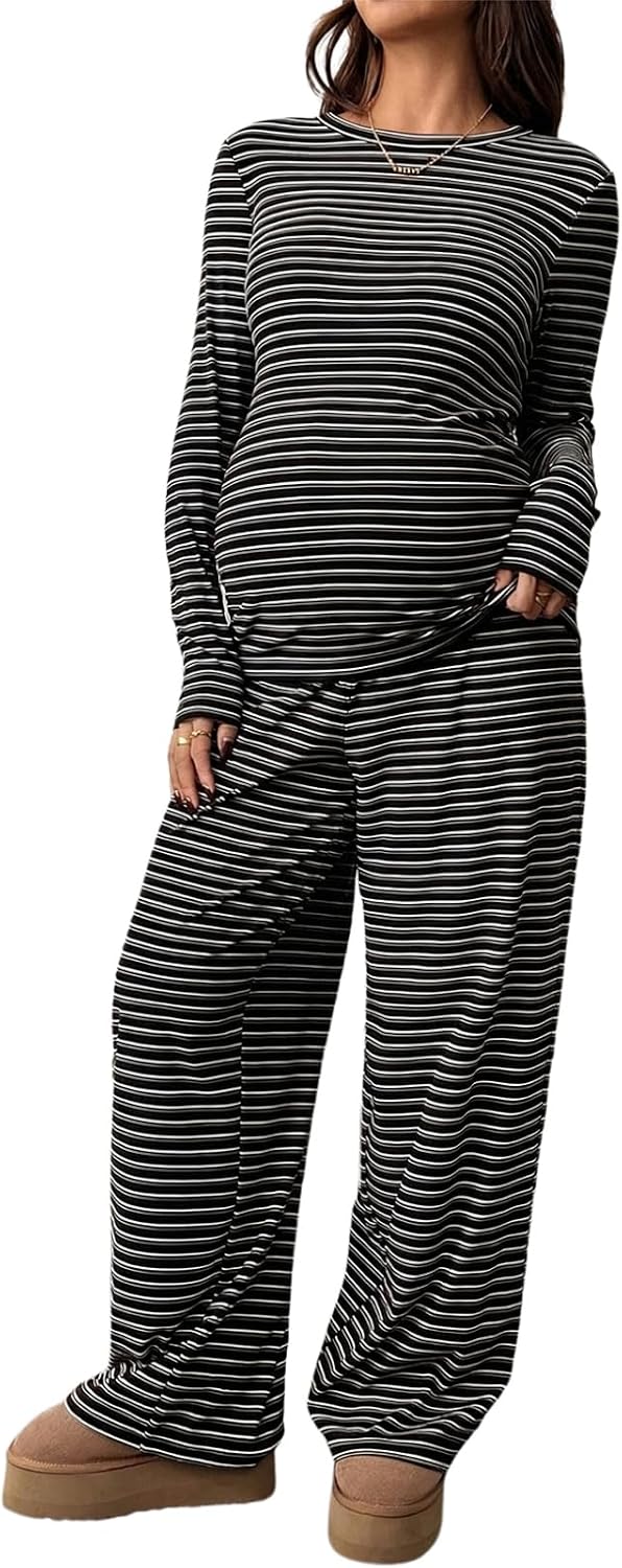 BLENCOT Women's Maternity 2 Piece Outfits Striped Pregnancy Lounge Set Long Sleeve Sleepwear With Pockets