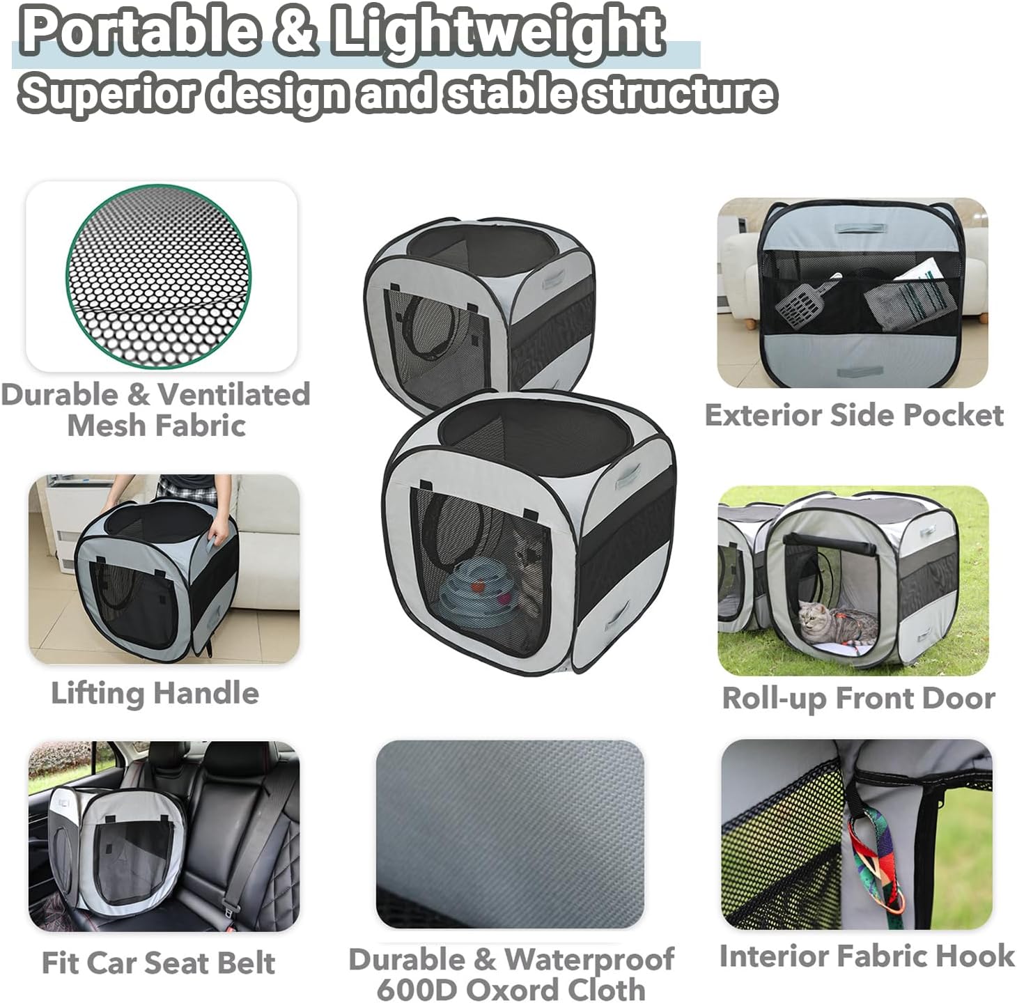 2-Pack Portable Cat Playpens with Flannel Mat, Folding Dog Cat Tents for Indoor & Outdoor Use, Securing Pegs, WaterProof Fabric Soft-sided Houses Cat Enclosures for Cats, Puppies, and Small Pets -Grey