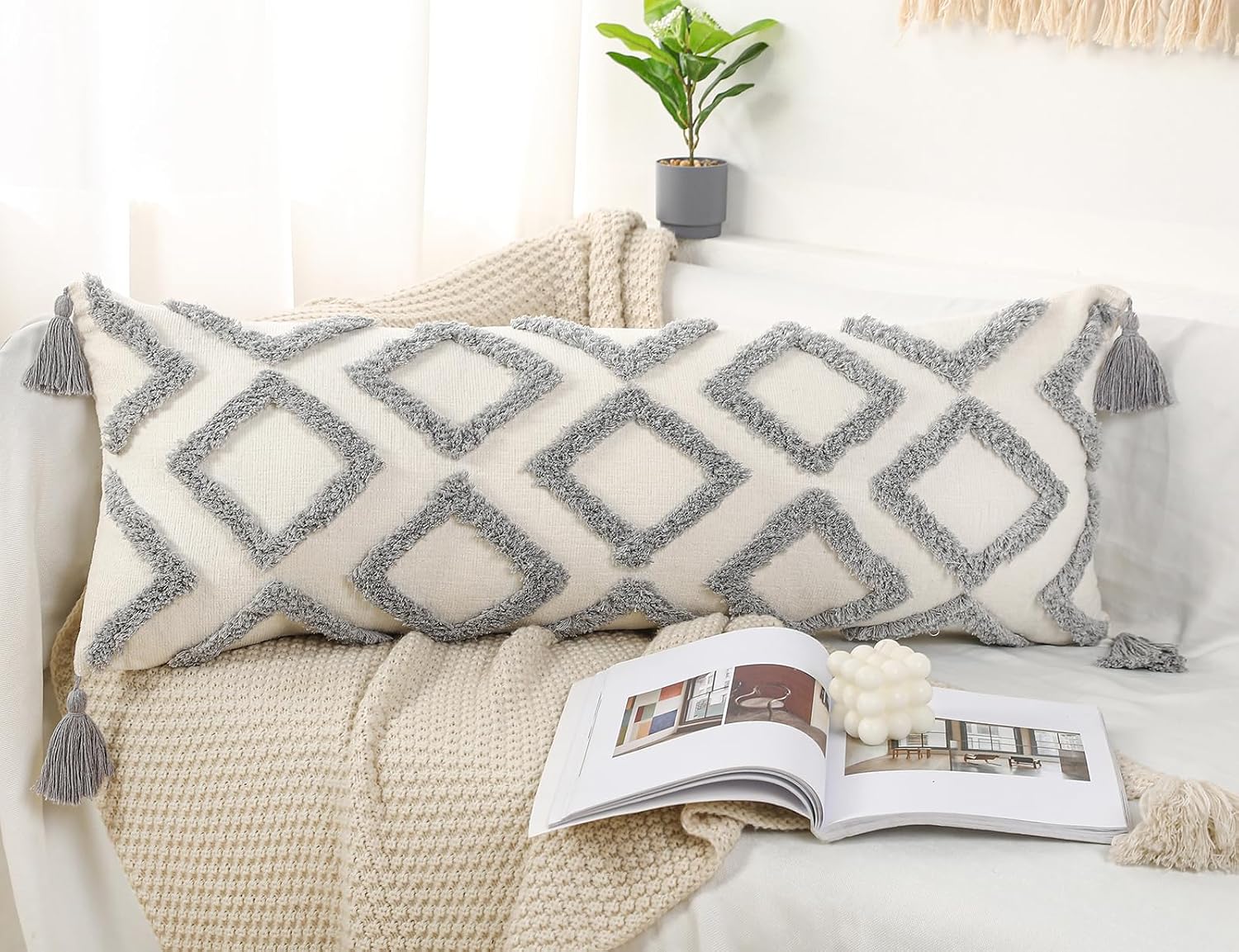 PANOD Decorative Long Lumbar Pillow Cover 14x36 Boho,Super Soft Chenille Extra Long Lumbar Pillow Case Cover with Tassel for Bed Sofa Couch Farmhouse Livingroom,Grey,Modern Skinny