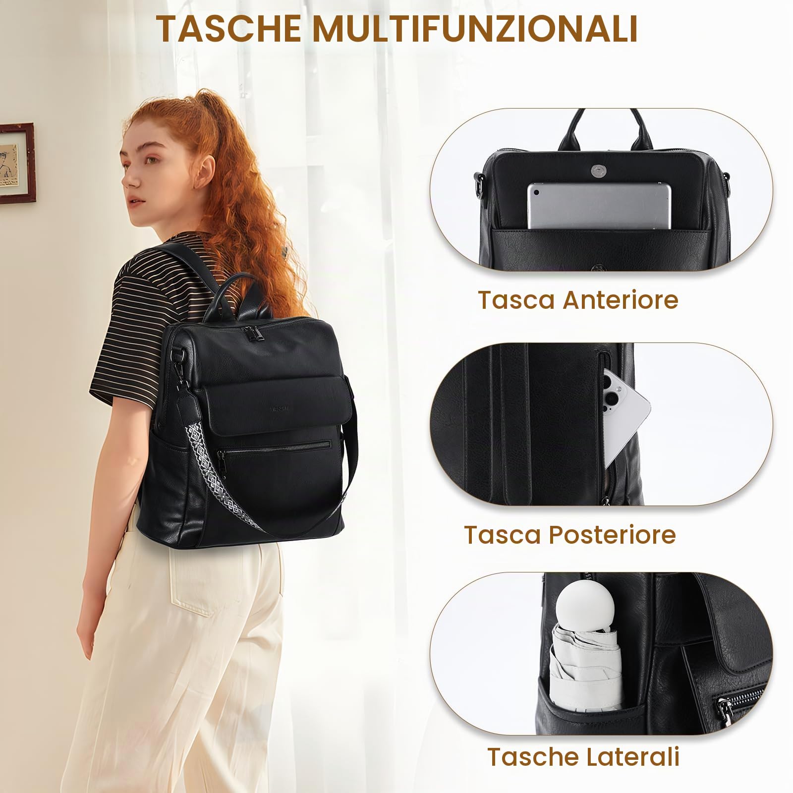 VASCHY Zaino Donna con Portafoglio,Zainetto Donna Pelle Borsa Zaino Donna Elegante Zaini da Donna Grande Zaino da Viaggio/Lavoro/Scuola/Università Nero