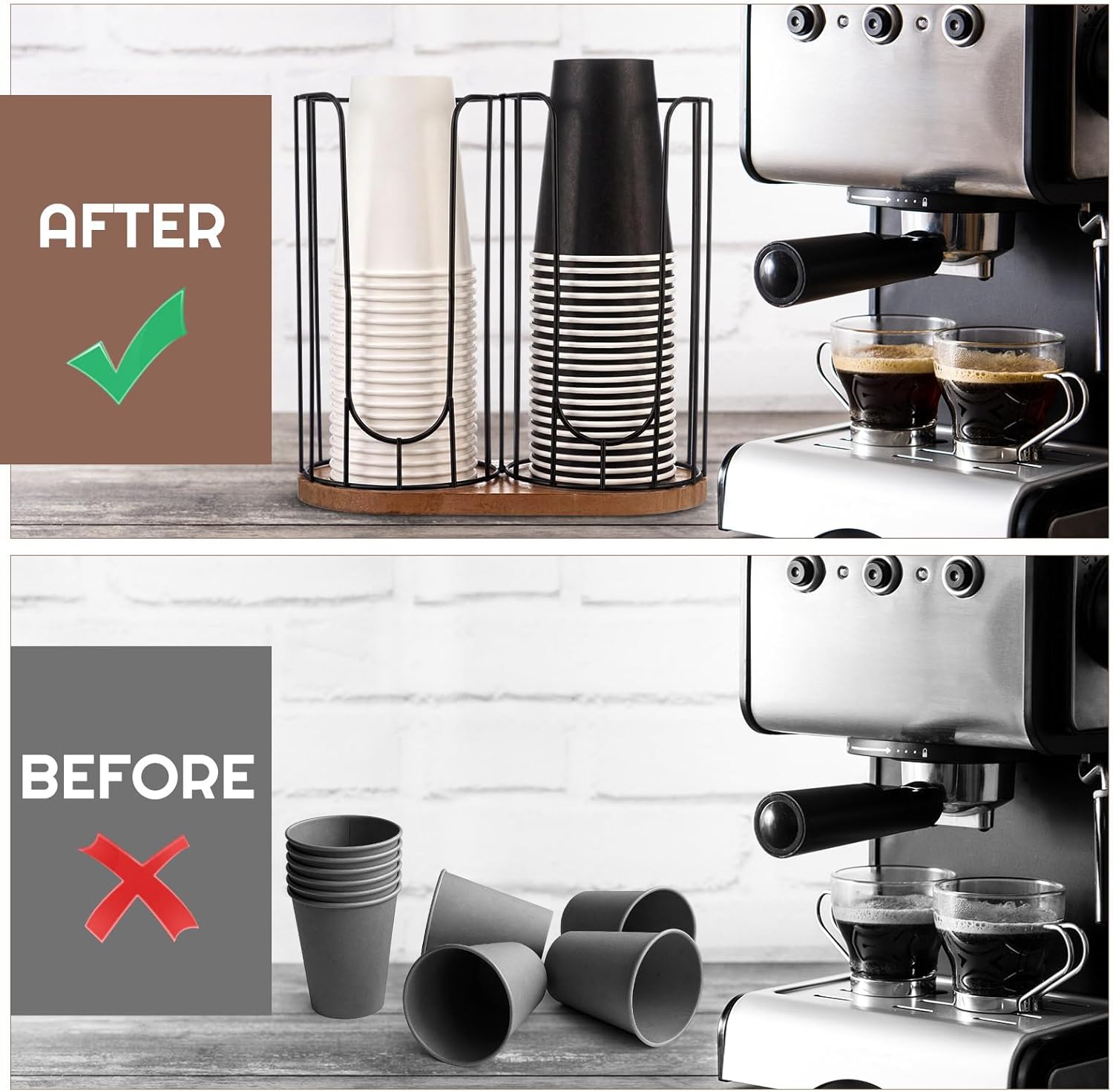 Geelin 18oz Adjustable Coffee Cup Dispenser, Cup Holder Organizer for Storing Paper Cups, Straws, Lids and Disposable Tableware(2-Compartment Single Layer,Black and Brown)