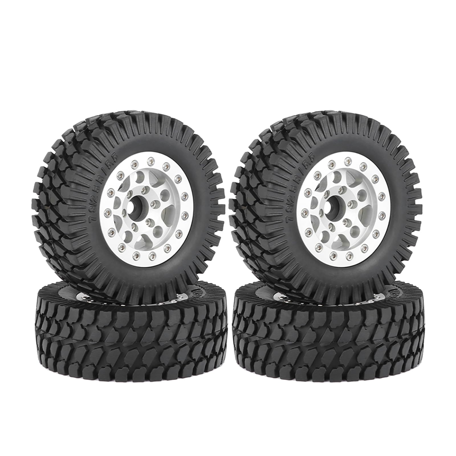 KINGCOO 4PCS 1.55Inch Aluminum Alloy Metal 5Spoke Beadlock Wheel Rims and Rubber Tires Set for 1/10 RC Rock Crawler Car for Axial AX90069 UTB18 D90 TF2 Tamiya Upgrade Parts (Silver, 76MM-B)