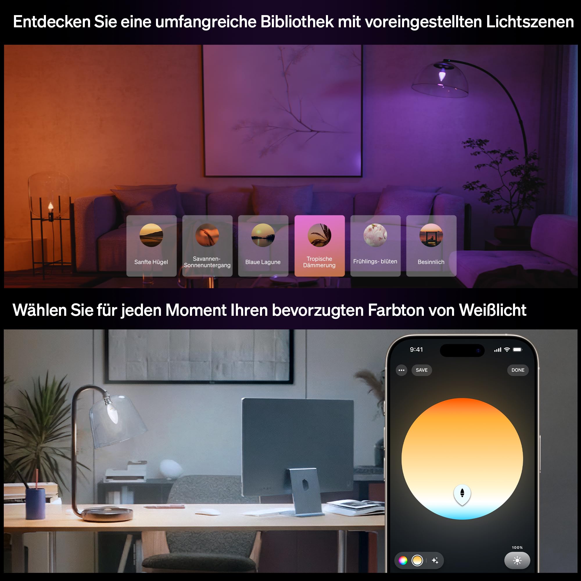 Philips Hue Smart LED-Kerzenlampe, B39, E14, 1er Pack, White and Color Ambiance, Vollspektrumlicht 1.000 K–20.000 K, 500 lm, Extrem Niedrig Dimmbar, Chromasync, Alexa, Google Home, Apple Home
