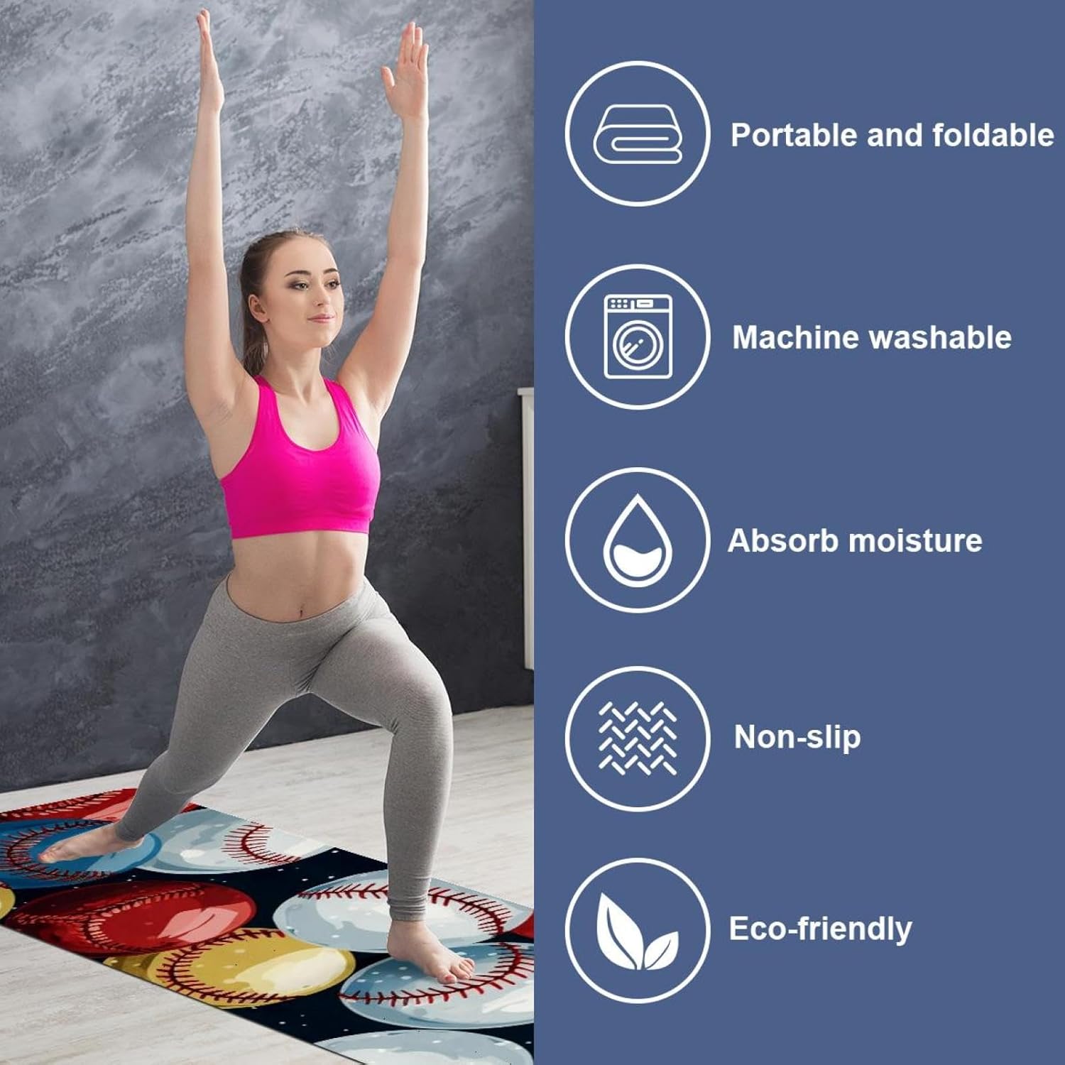 Yoga Towel, Baseball Pattern Non Slip Sweat Absorbent Hot Yoga Mat Towel for Hot Yoga, Pilates and Fitness - 72.8" x 26.8"