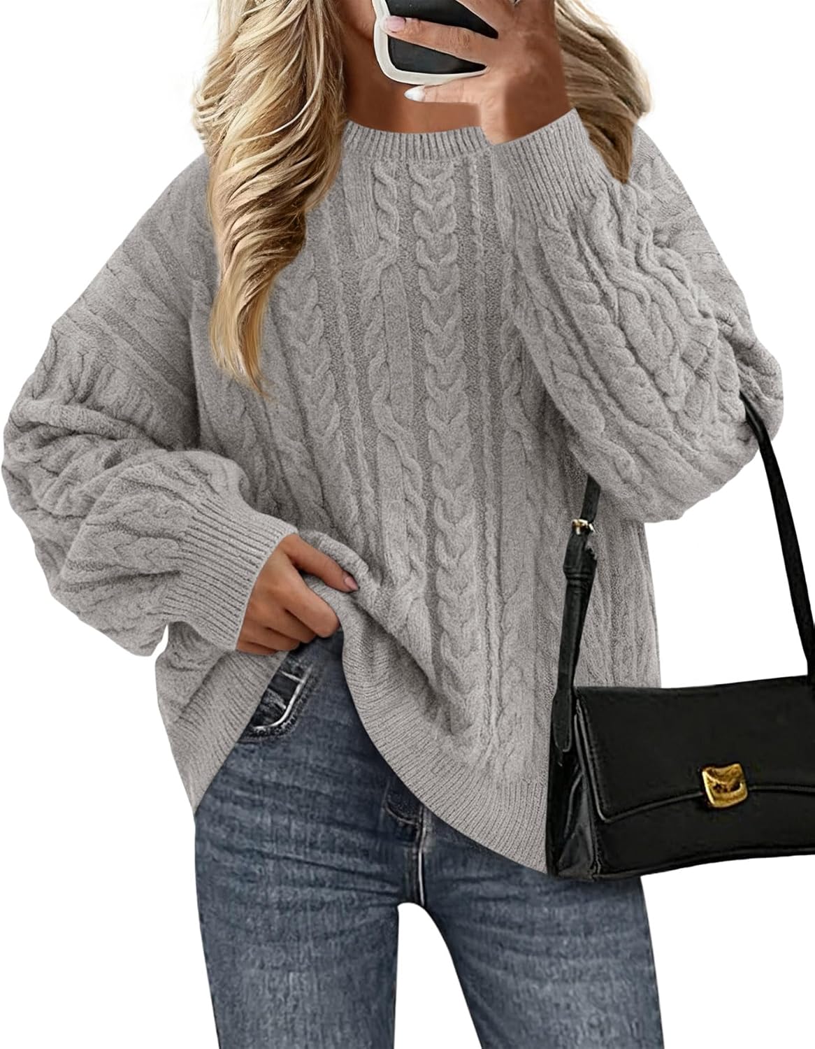KIRUNDO Oversized Chunky Cable Knit Sweater Women 2026 Fall Fashion Cozy Long Sleeve Crewneck Pullover Winter Clothing