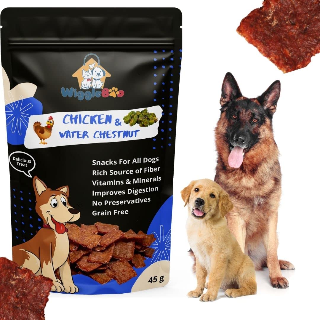 WiggleBoo Chicken & Water Chestnut Dog Treat | Protein Rich | Fiber Rich | Crunchy Healthy Snacks | 45g
