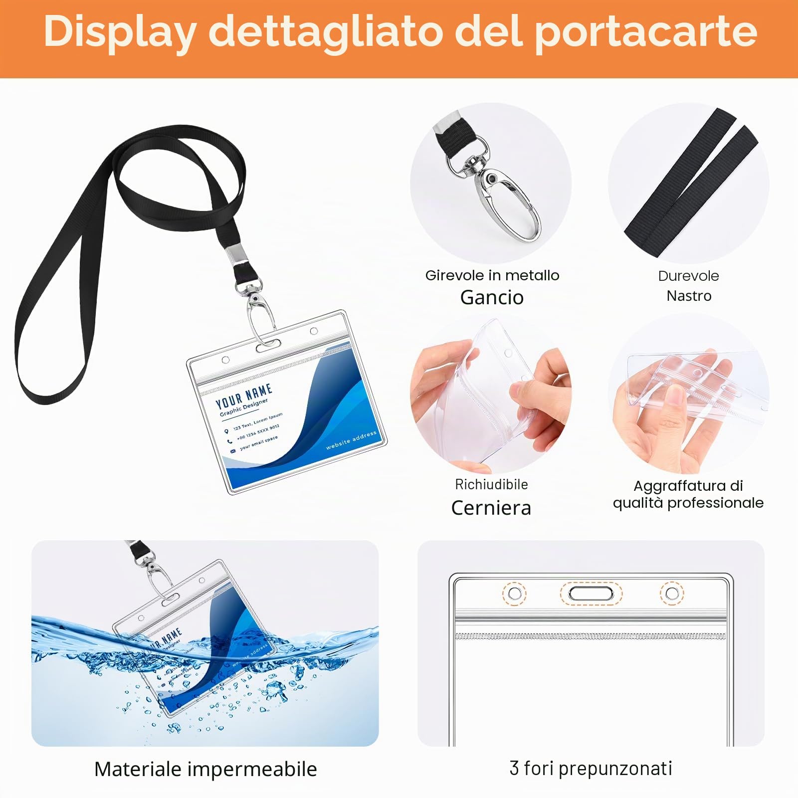 Diealles Shine Portatessere, Confezione da 50 Portatessere con Nastro, Portatessere Impermeabile con Nastro, Portabadge in Pvc Trasparente per Lavoro, Fiera, Scuola