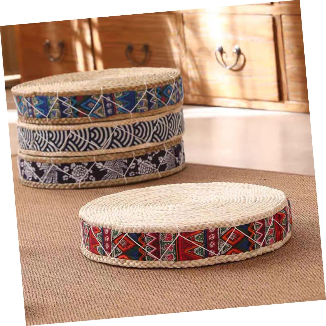 Woven Floor Cushion 30cm Diameter X 7cm Height, Straw Braided Seat Mat, Traditional Japanese Tatami Style, Bohemian Red Indoor Floor Pillow for Meditation and Home Seating