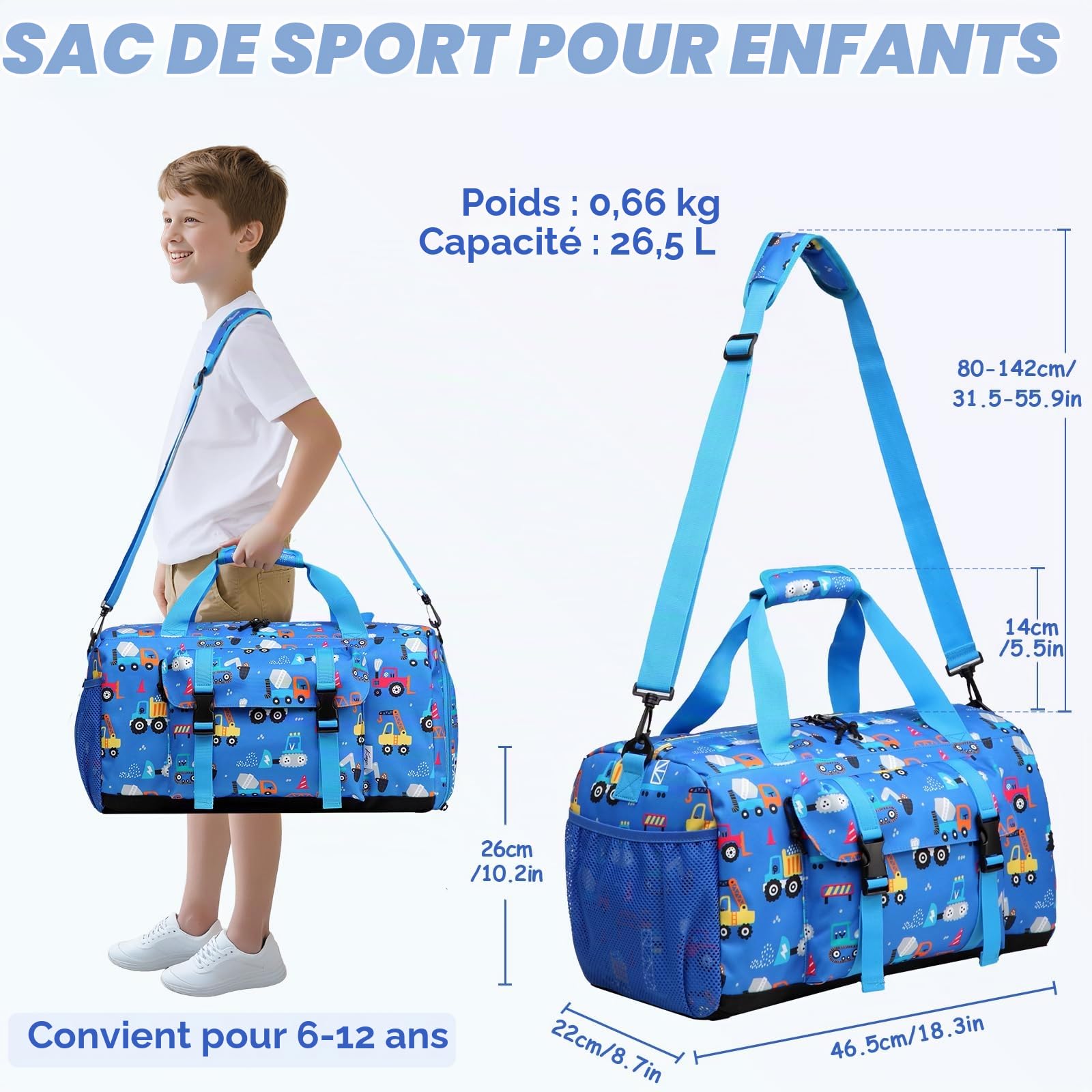 Sac de Voyage Enfant, 26,5L Grande Sac de Sport Garçon Fille Imperméable Sac de Bagage à Main Multifonctionnel avec Housse Bagage et Compartiment à Chaussures Camion Bleu