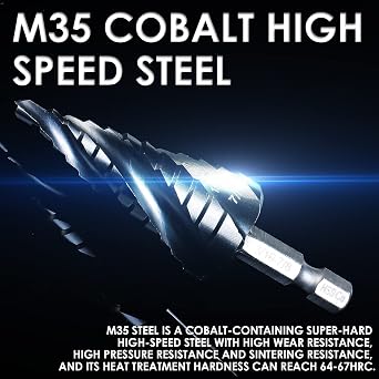 Matework M35 Cobalt Step Drill Bit, Four Spiral Flute Unibit Step Drill Bit (3/16-7/8) Wear-Resistant TiAlN Coated, 1/4 Hex Shank for Metal, Carbon Steel, Stainless Steel, Wood, Plastic (12 Size)