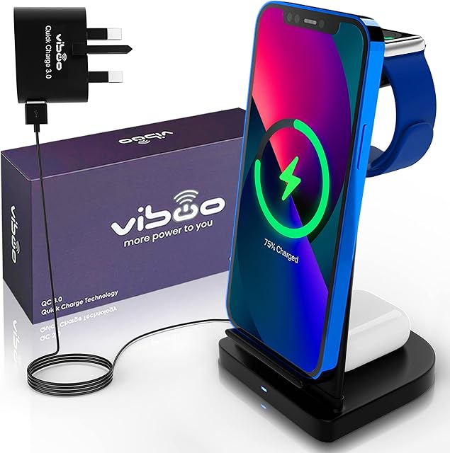 Viboo 3 in 1 Wireless Charging Station for iPhone 14/13/12/11/X/8, Samsung S Series Phones, Apple Watch Ultra/8/7/6/5/4/3/2/SE and AirPods Pro2/3