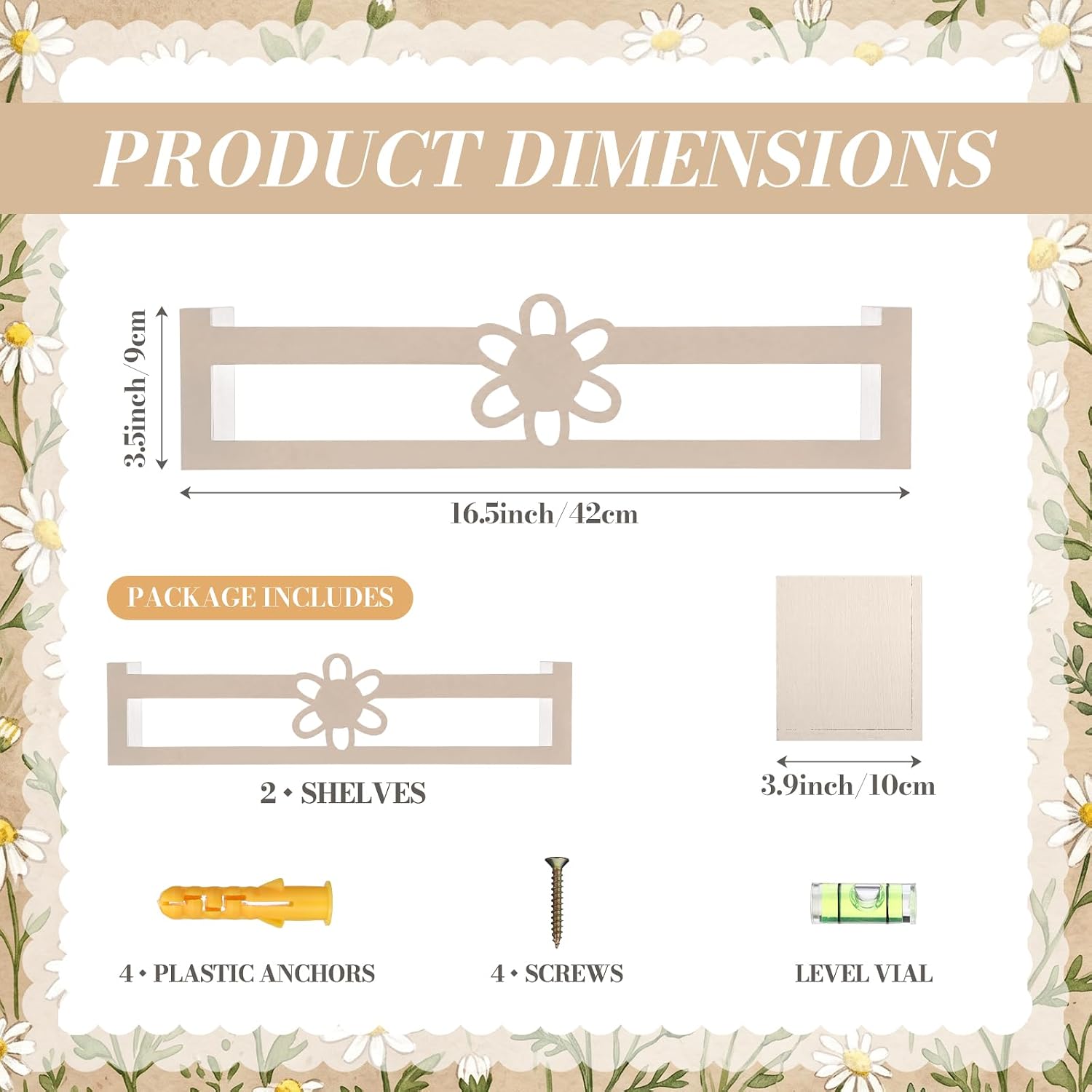 Pinkunn 2 Pcs Beige Daisy Flower Floating Wall Shelves Boho Daisy Wooden Organizer Rack Adorable Ins Home Decor for Bedroom Bathroom Living Room Cafe, 16.5 x 3.9 x 3.5 Inches