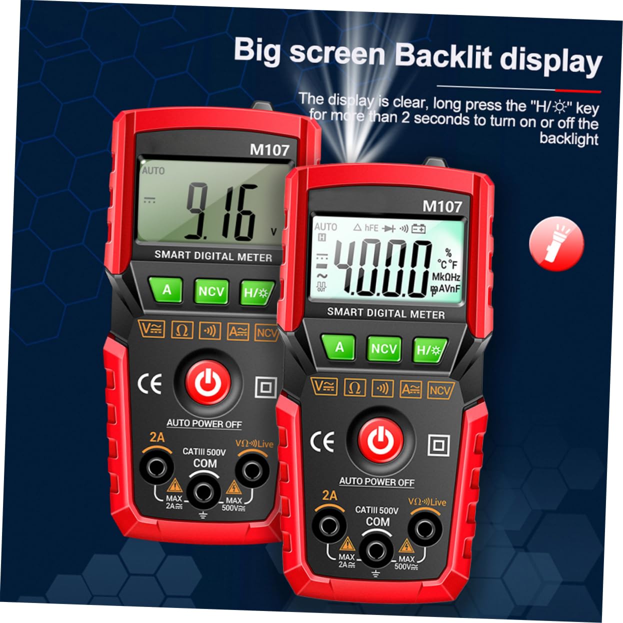 TEHAUX M107 Digital Multimeter backlit display