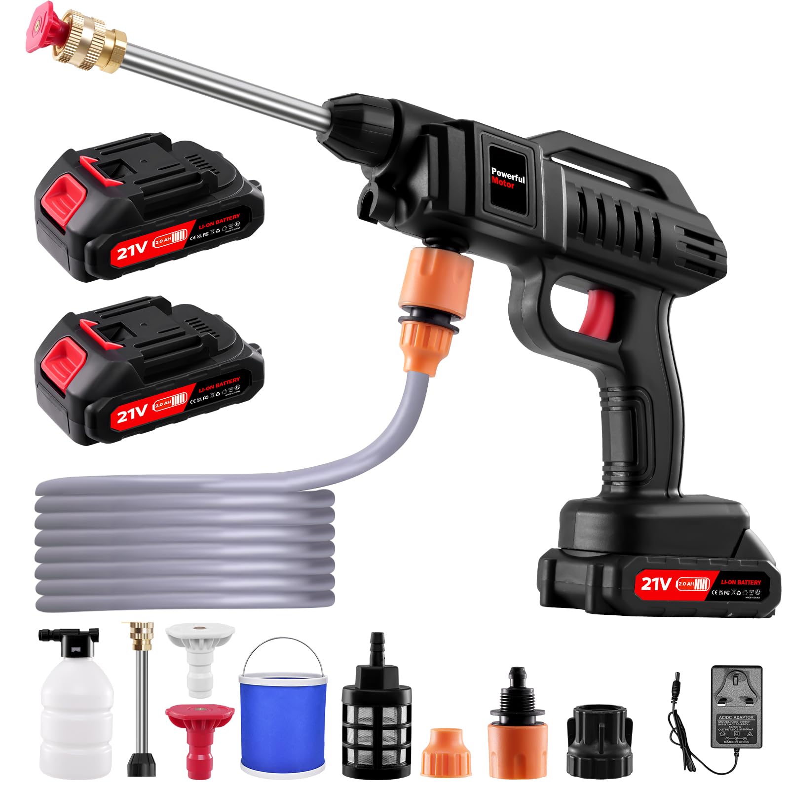 Worshow Cordless Pressure Washer, 60Bar Portable Power Washer, Jet Wash with 3 in 1 Nozzle,5M Hose,2 Battery,Foam Pot,Bucket, 21V 1500W Electric Patio Cleaner Tool for Car/Garden, Cleaning & Watering
