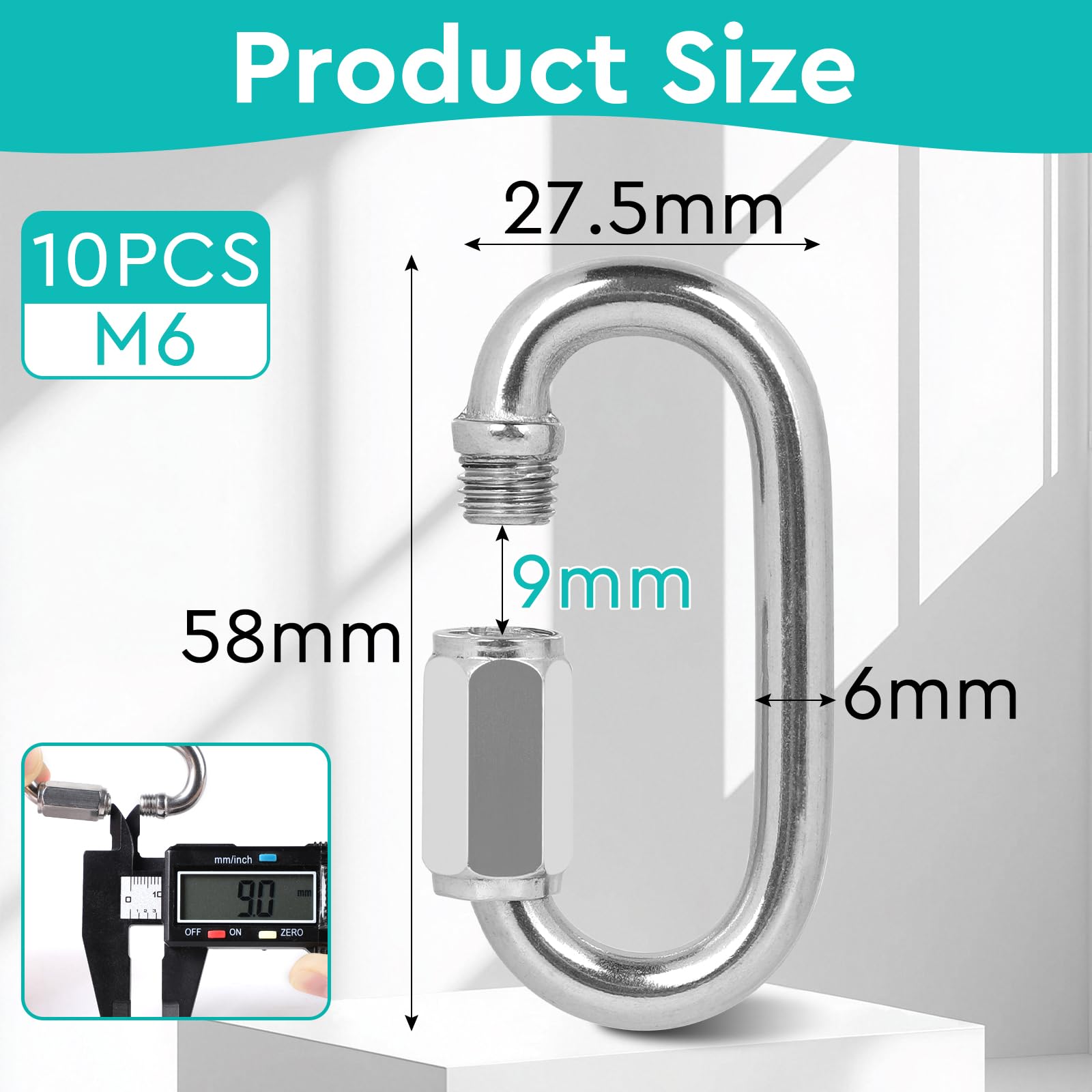 EFUTURETIME 10 x Mousqueton à Vis INOX 304 Maillon Rapide M6, Mousquetons de Sécurité avec Une Capacité de Charge de 396 kg pour Balançoires, Fitness