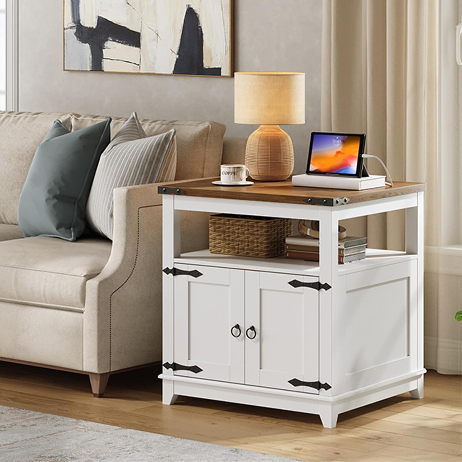 RALGEND Farmhouse End Table with Charging Station, 24" Large Sofa Side Table with Barn Door, Rustic Wooden Nightstand Bedside Table with Open Shelf for Living Room, Bedroom, White and Walnut