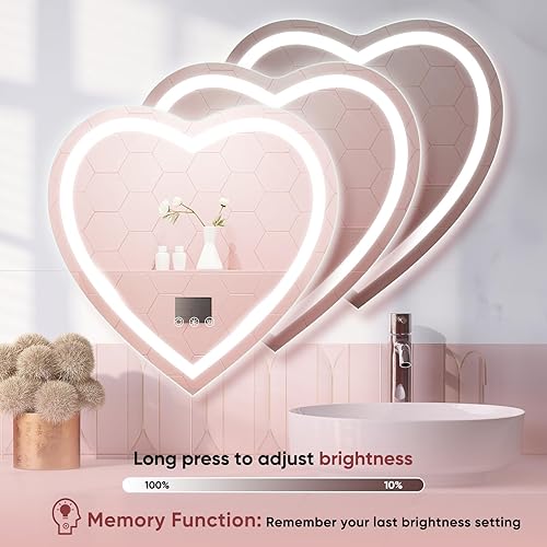 Miniatura 2 de BesMirror Espejo de baño LED con luces en forma de corazón de 28 x 28 pulgadas, antiempañamiento frontal iluminado en la pared, espejo de tocador