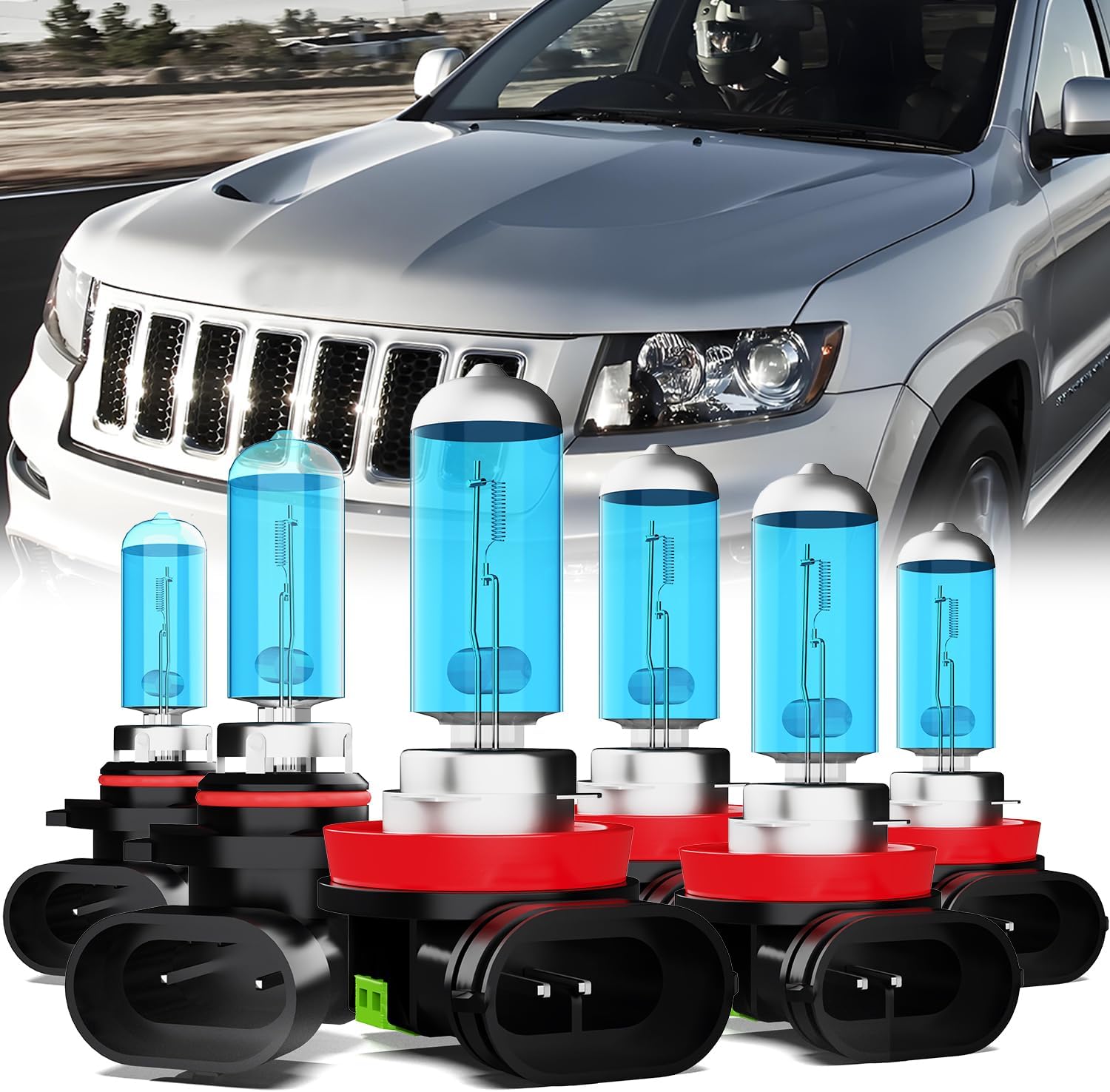 Headlight Bulbs Compatible With Jeep Grand Cherokee 2014-2016, 9005 + H11 High Low Beam + H11 Fog Lights Halogen Light Bulb, Super Bright 6000K White, Plug and Play, Pack of 6
