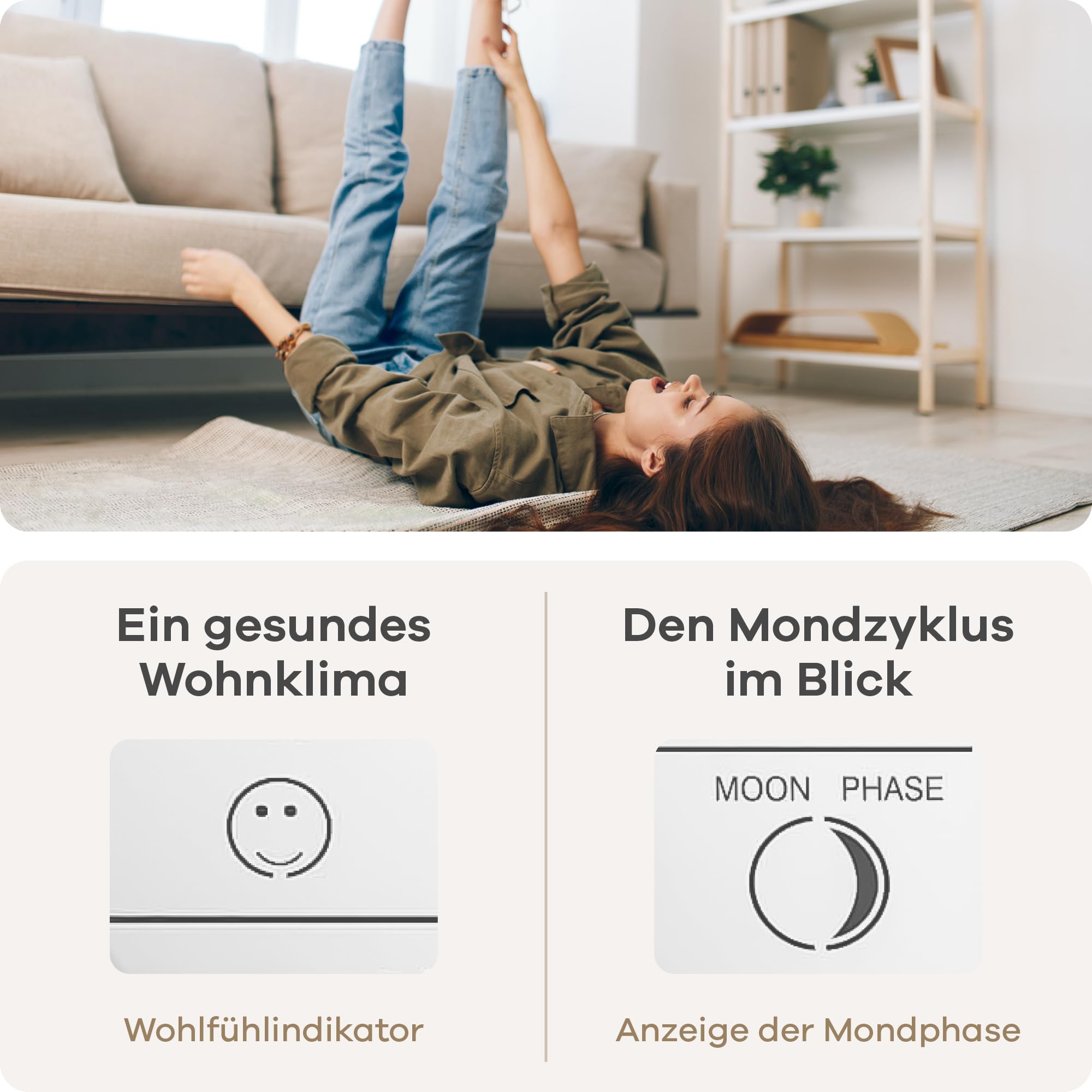 MEBUS funkgesteuerte Wetterstation mit Außensensor, Thermometer, Hygrometer, Funkuhr, Wohlfühlindikator bewertet Raumklima, Wettervorhersage, Mondkalender, Wecker, Farbe: Silber, Modell: 40627