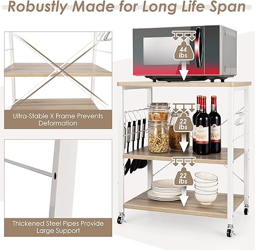 Miniatura 5 de Giantex Kitchen Baker's Rack - Carrito de 3 niveles para microondas con ruedas, carrito de barra industrial con 10 ganchos, marco de metal, estantes